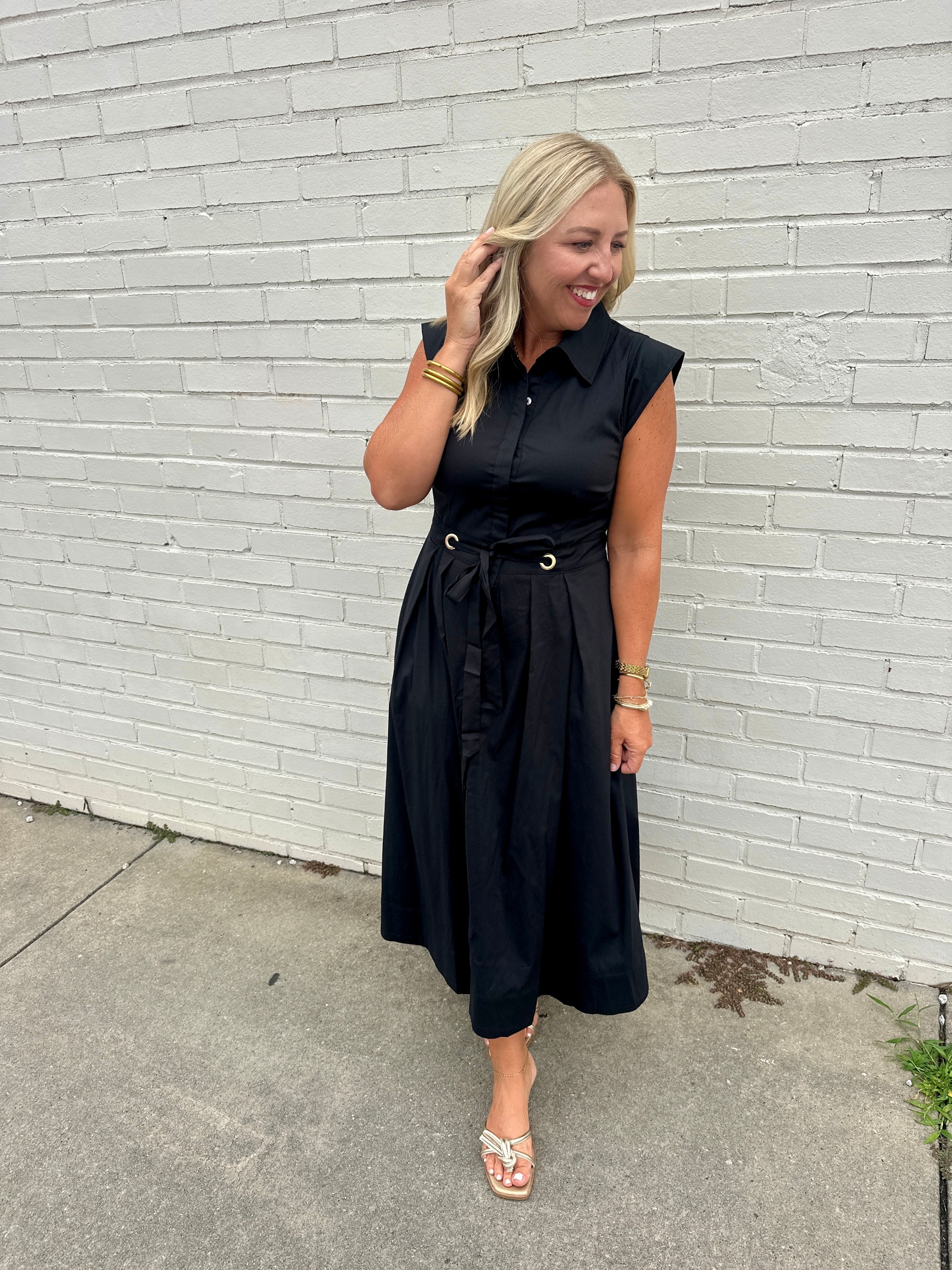 Classic in Black Midi Dress with Cinched Waist