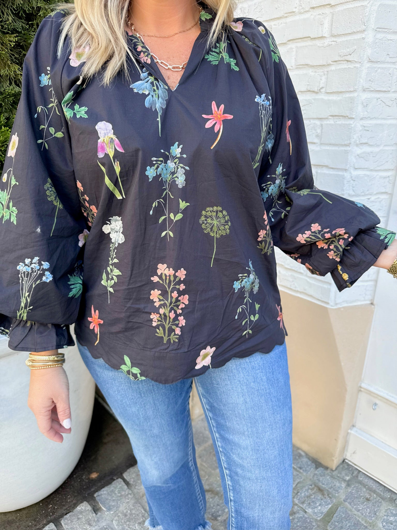 No Doubt Floral Ruffled Neck Blouse