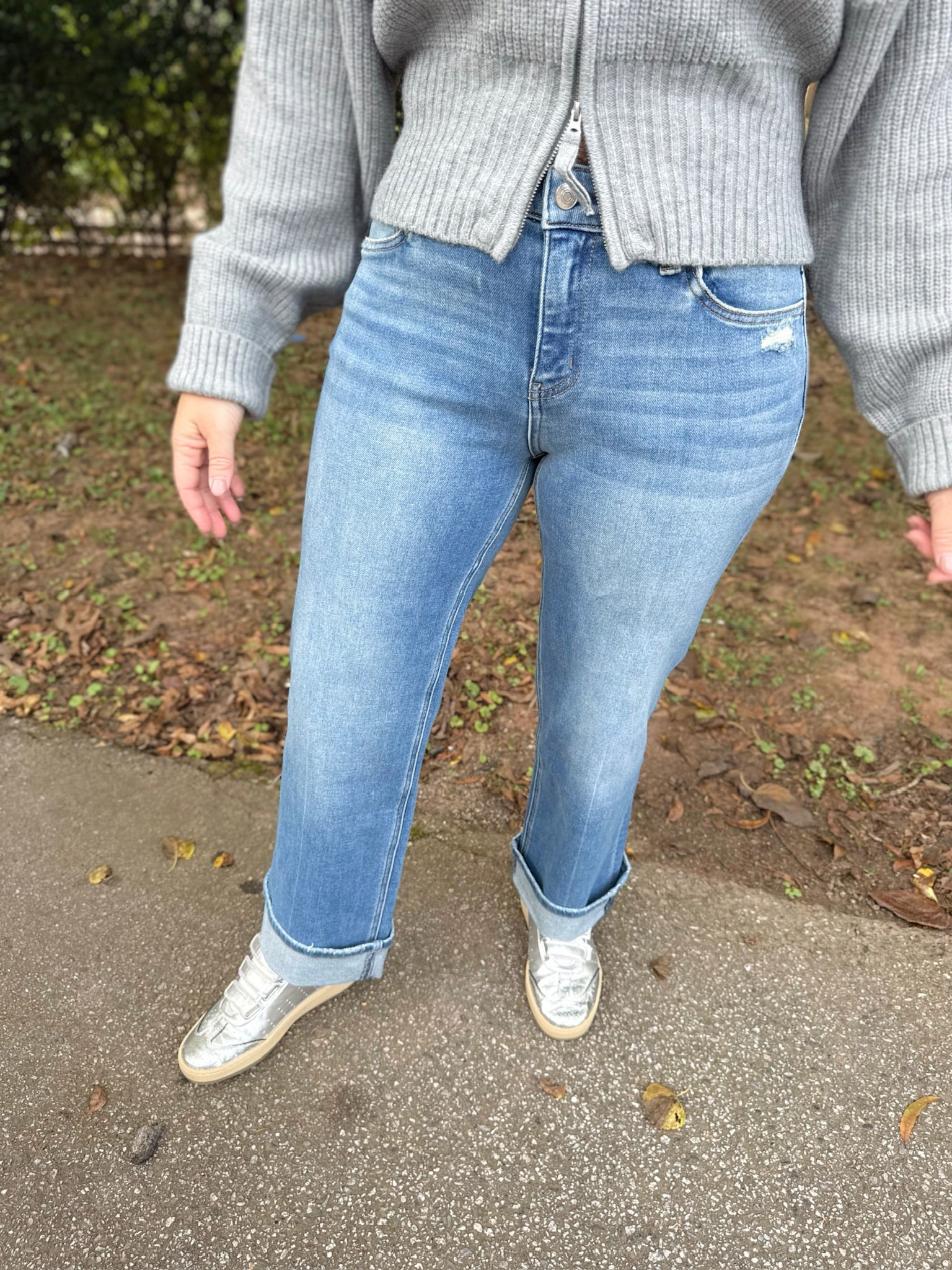 Delicate Gleam Mid Rise Ankle Cuffed Slim Wide Leg Jeans