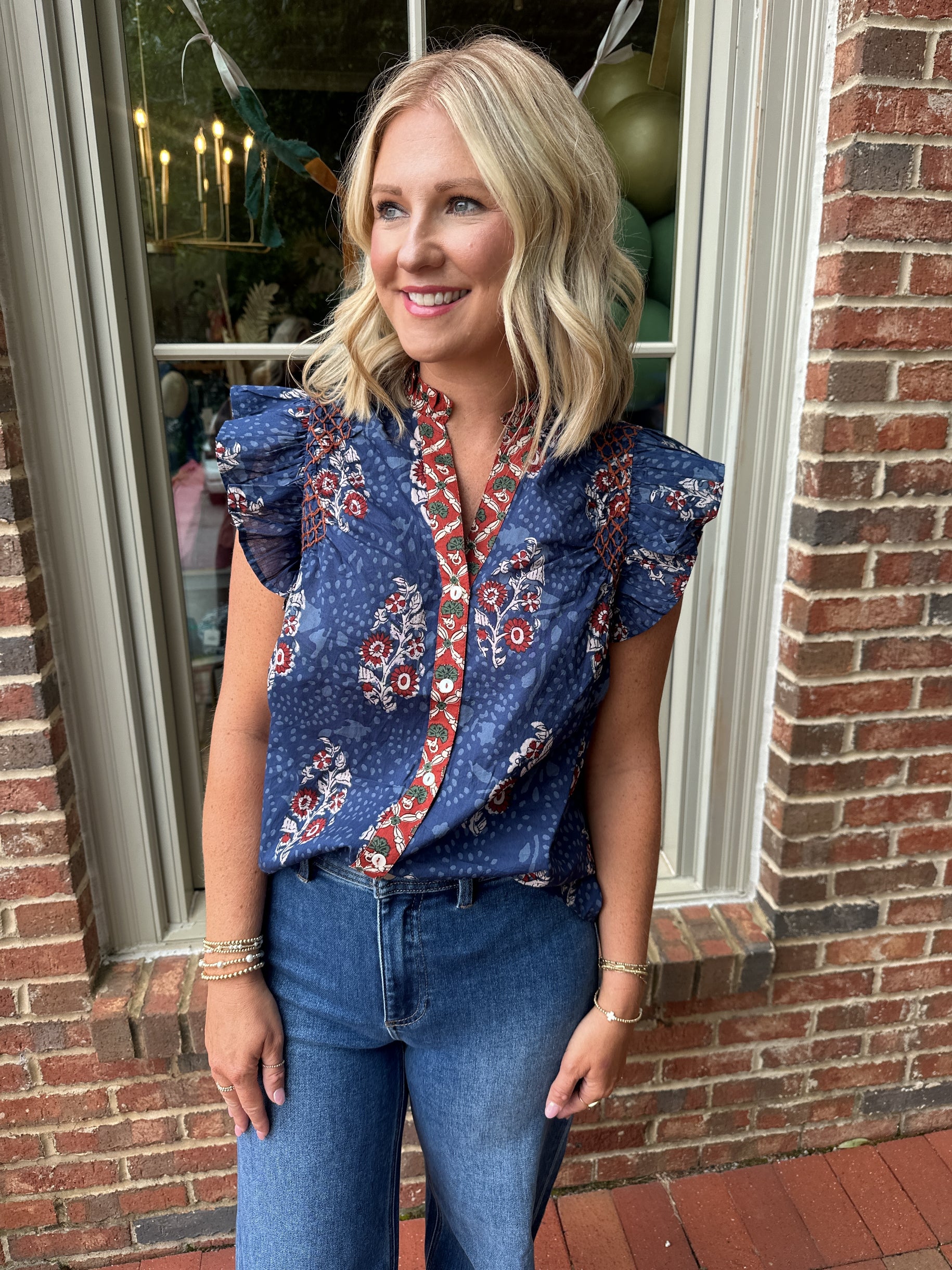 Repeat Sunset Flutter Sleeve Floral Print V Neck Top
