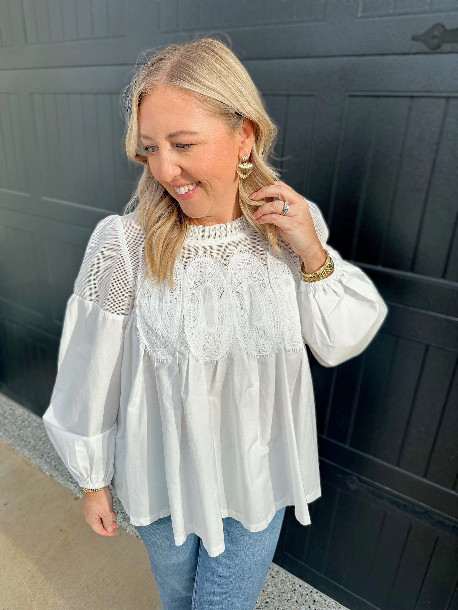 Broken Hearted Lace Detail Long Sleeve Top in Off White