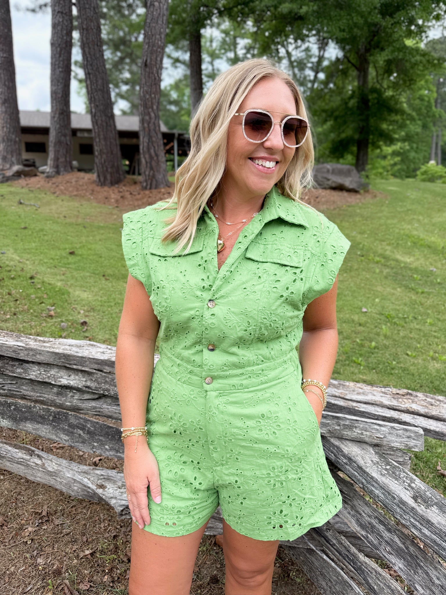 Rose Eyelet Button Down Short Sleeve Romper in Sage