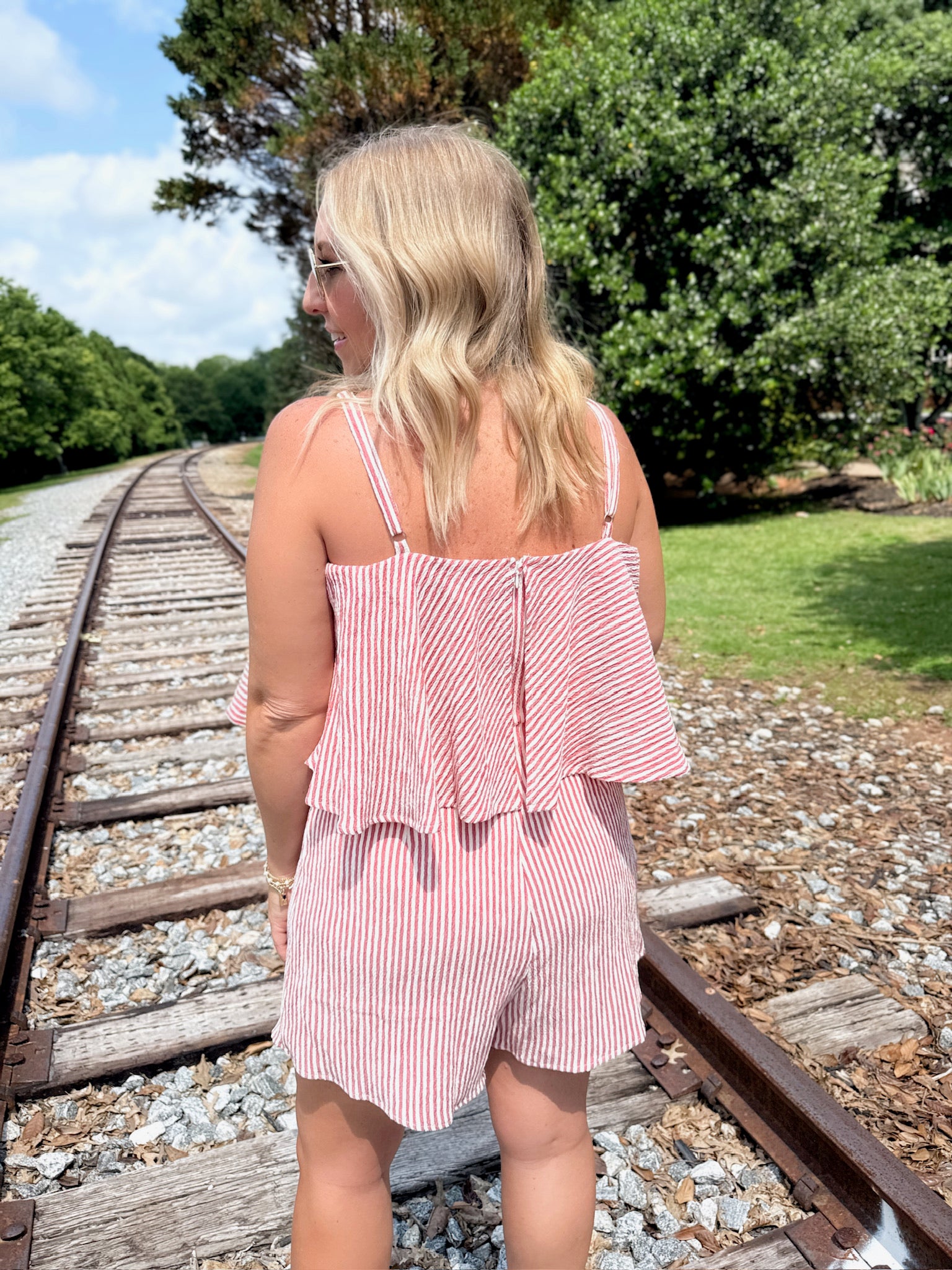 Obsessed With Me Striped Spaghetti Strap Romper in Red