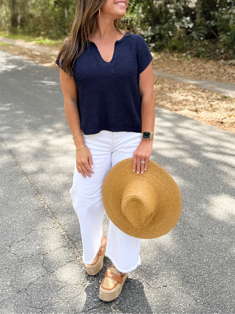 Straw Braid Flat Brim Sun Hat: Tan