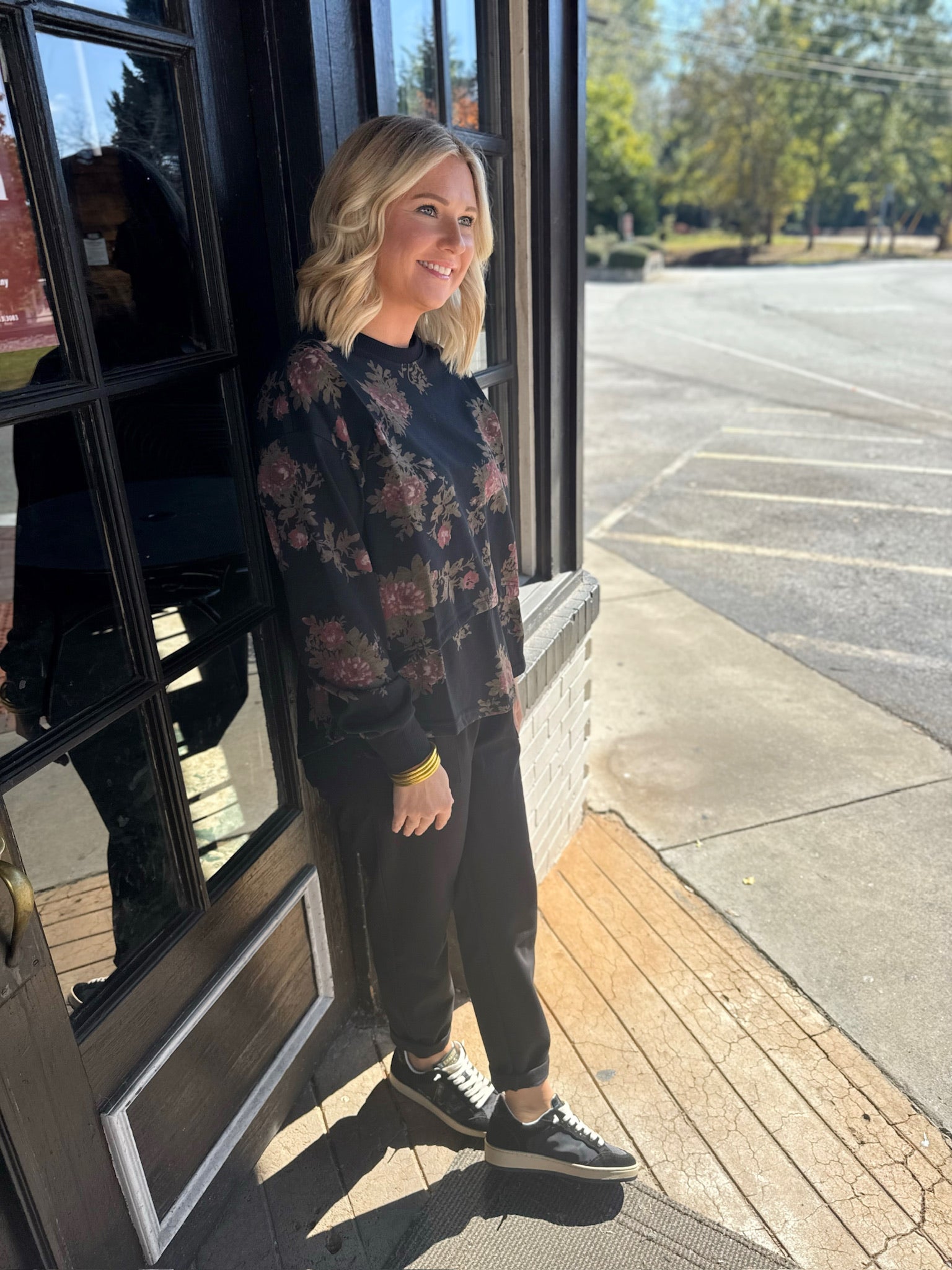 I'll Do It All Again Floral Terry Drawstring Waist Sweatshirt