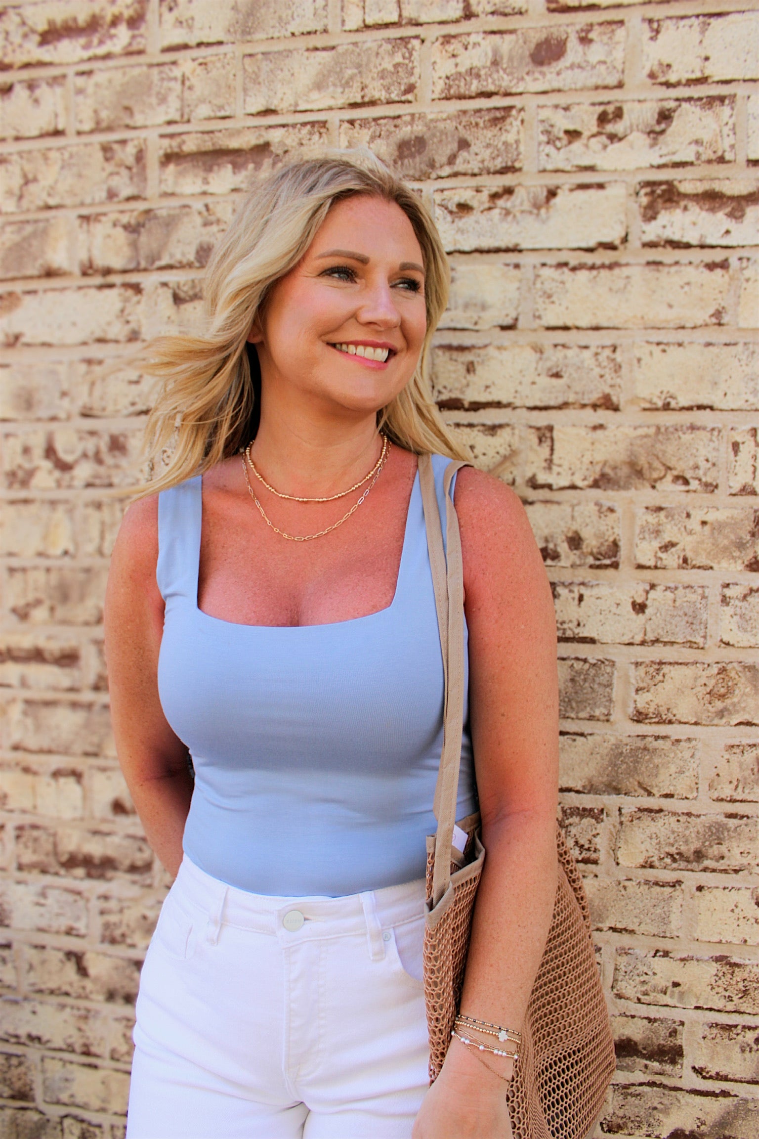 To Tell the Truth Squared Neck Bodysuit in Blue