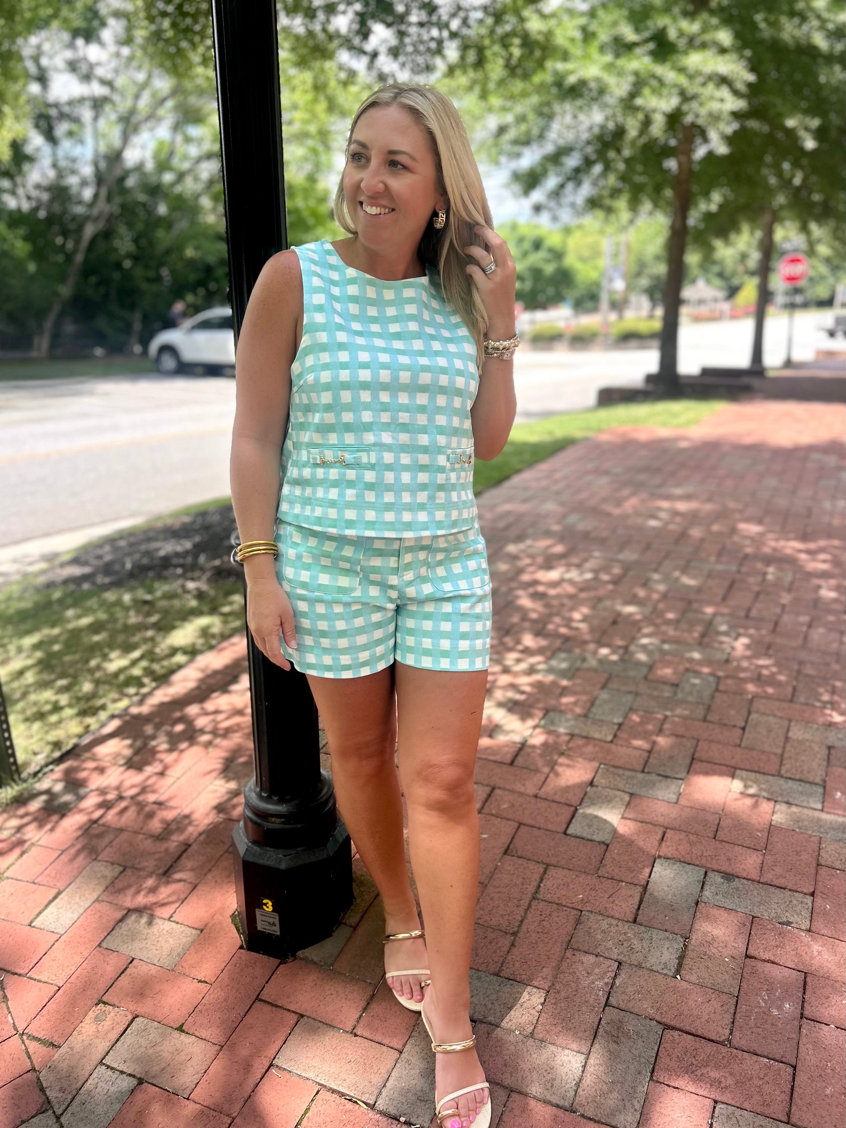 Thin Mint Gingham Print High Rise Shorts w/Gold Accent