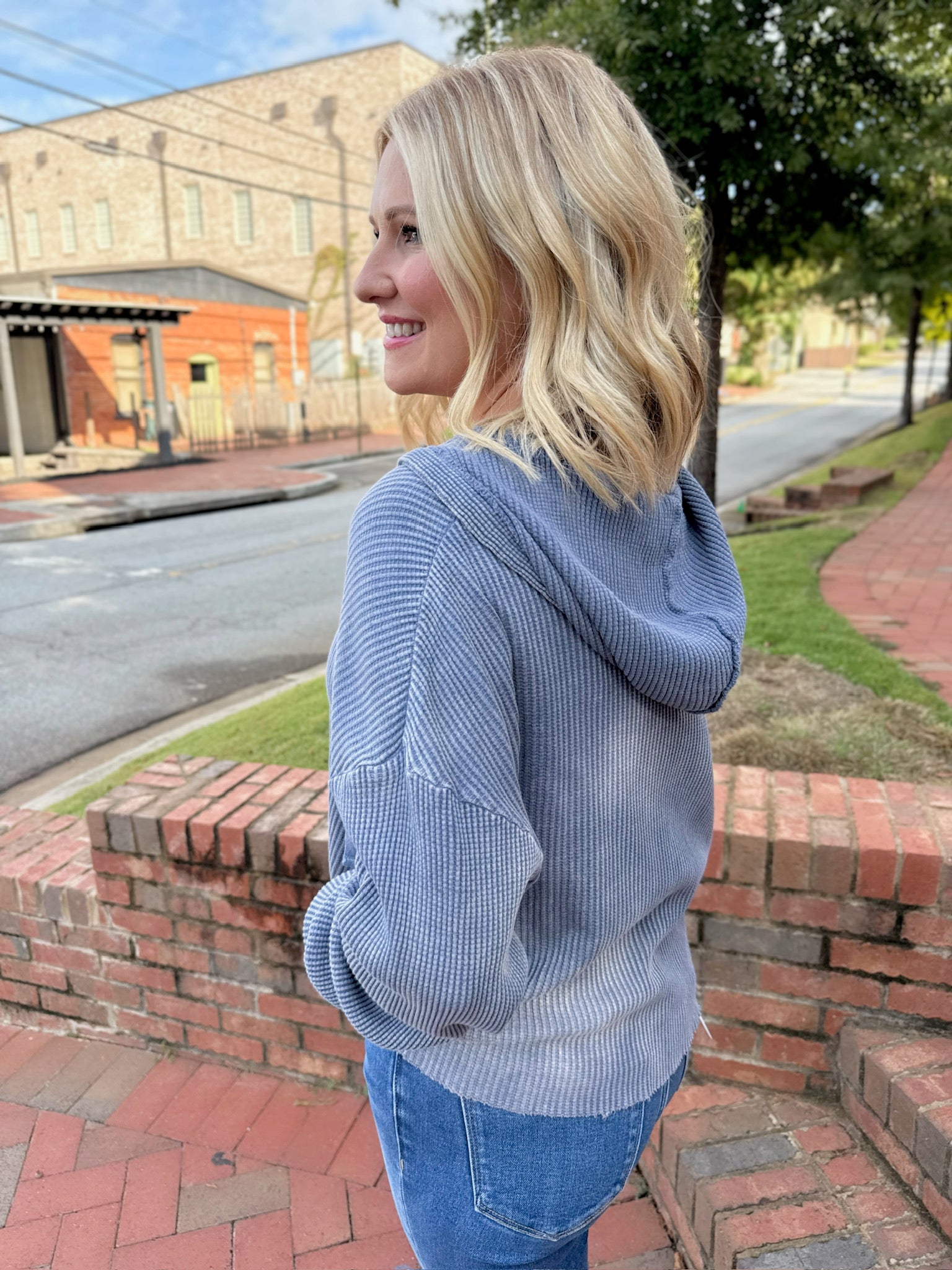 The Snuggle Waffle Knit Hoodie Light Weight Top in Dusty Indigo