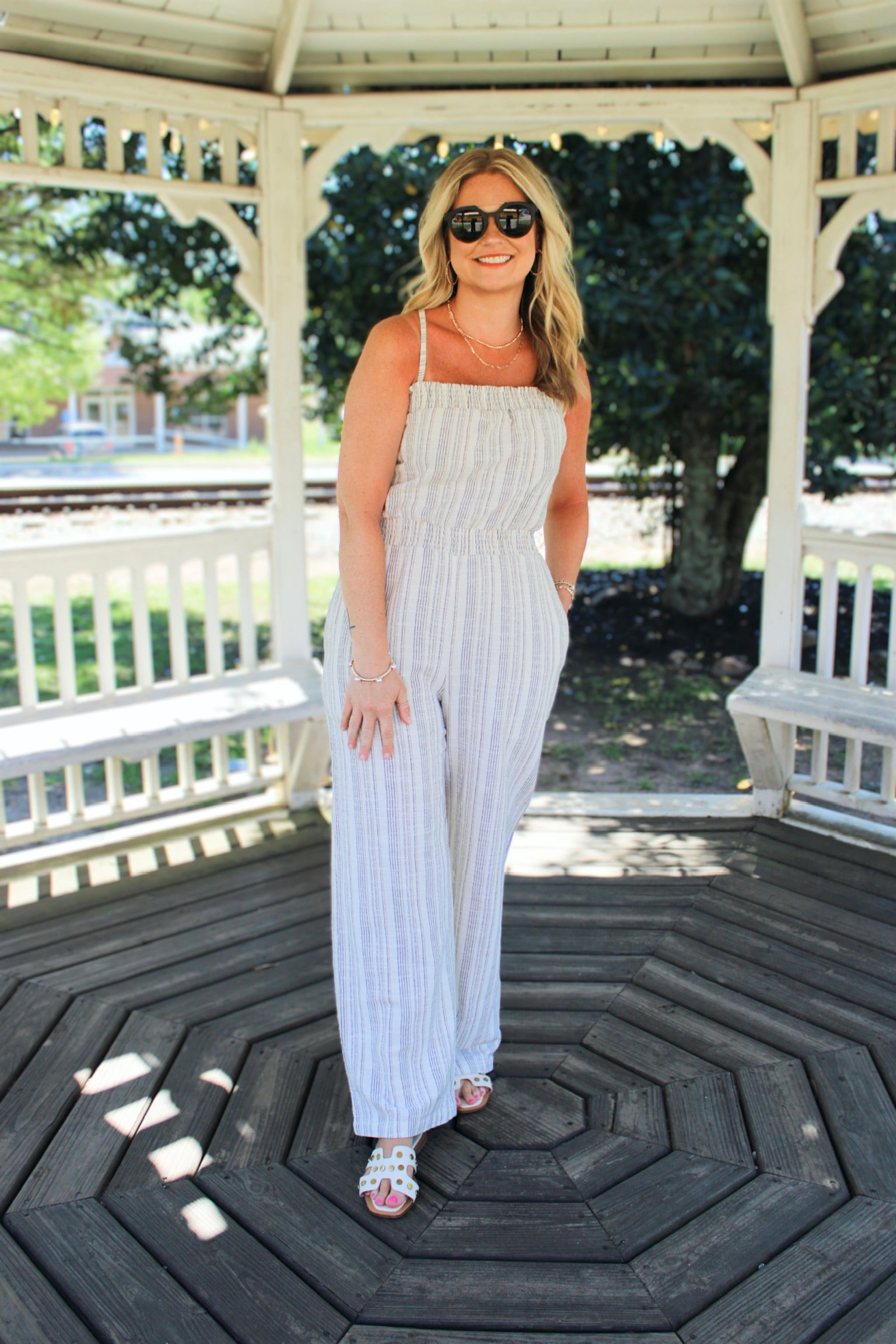 My Heart Skips a Beat Striped Wide Leg Tie Back Detail Jumpsuit