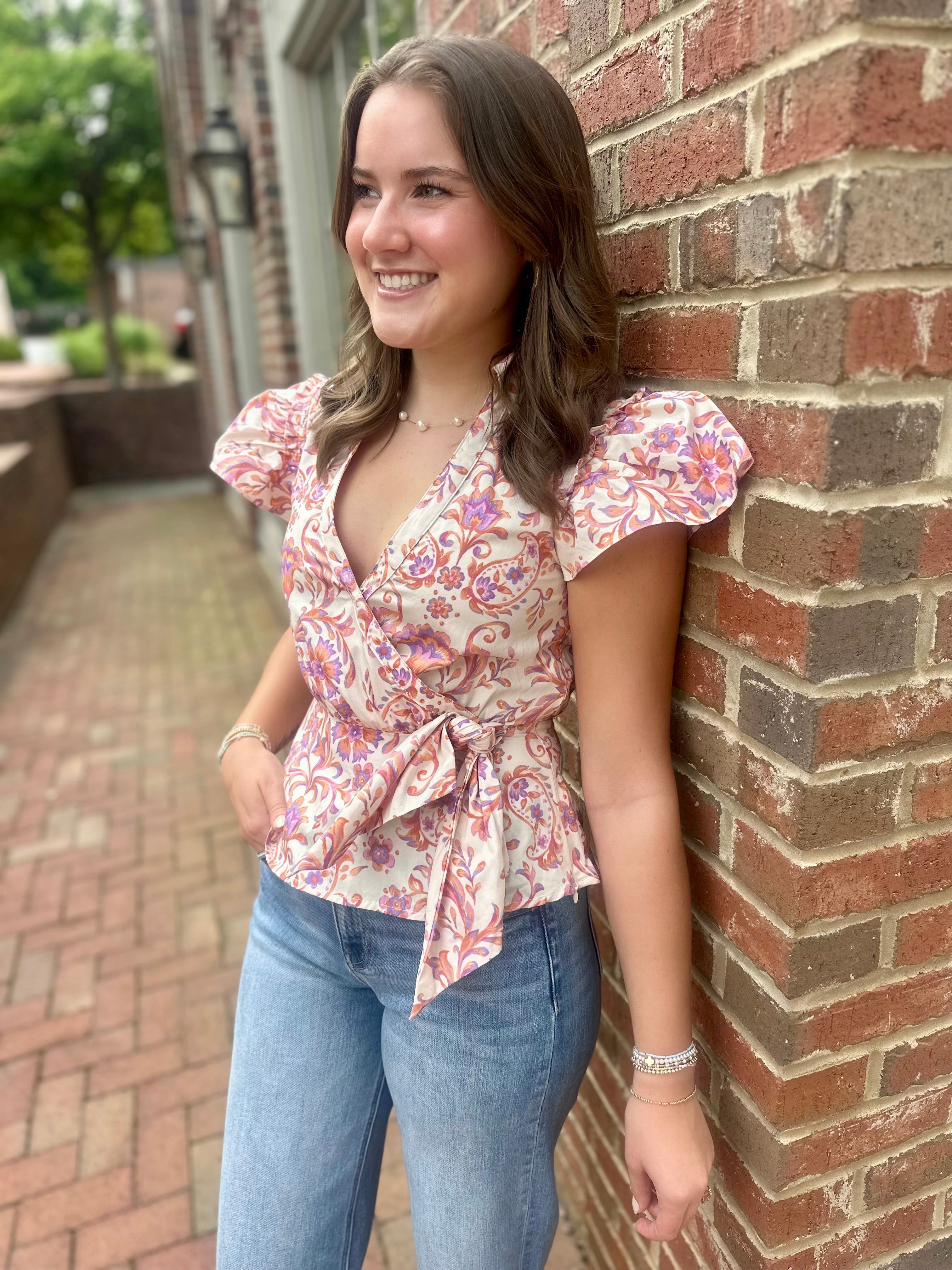 What Could Go Wrong Floral Detail Tie Waist Top