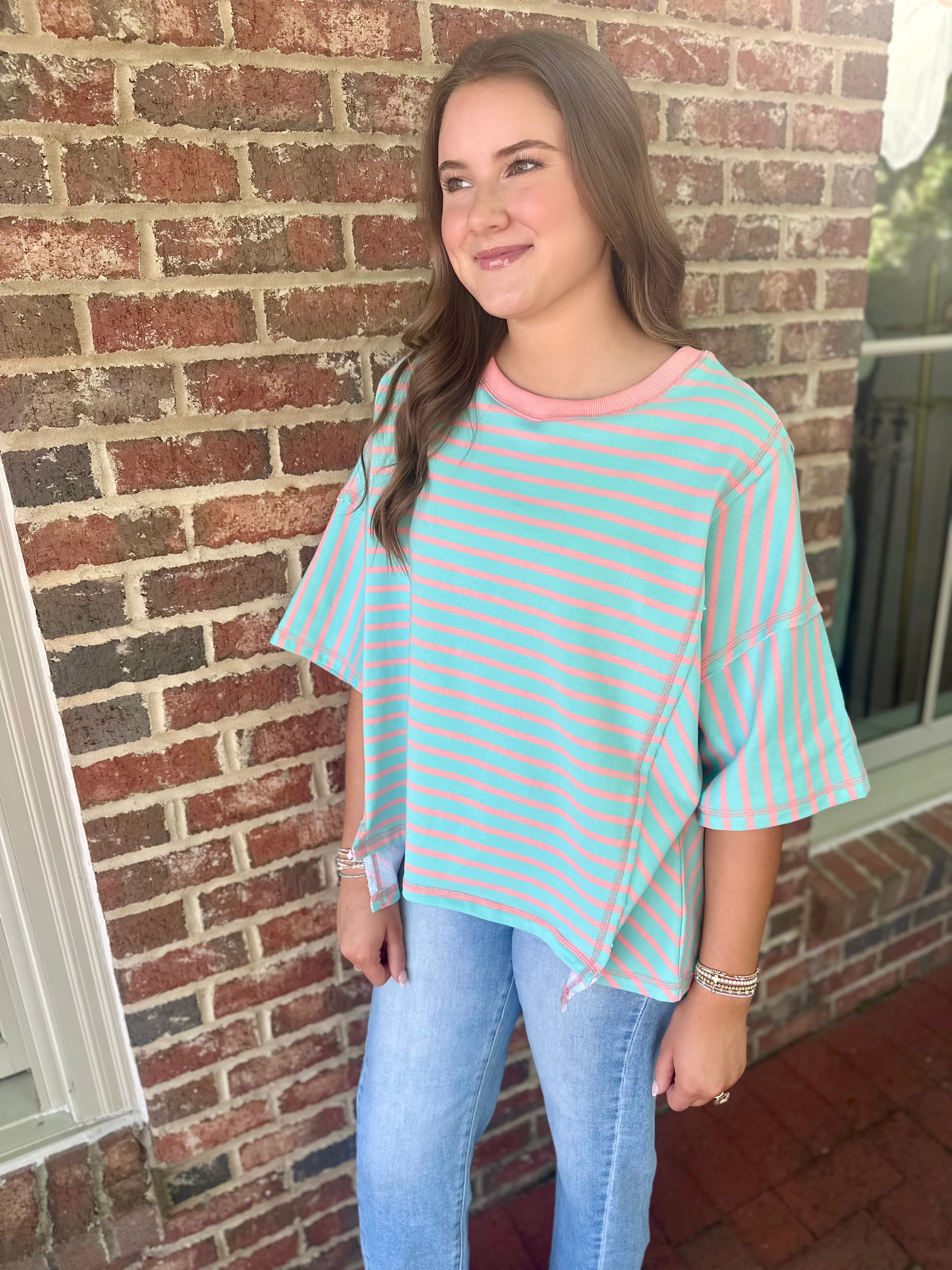 Jade Striped Oversized Short Sleeve Top