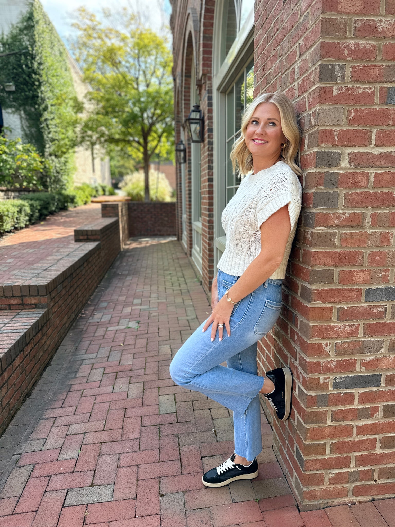 The Perfect Cable Knit Short Sleeve Top in Oatmeal