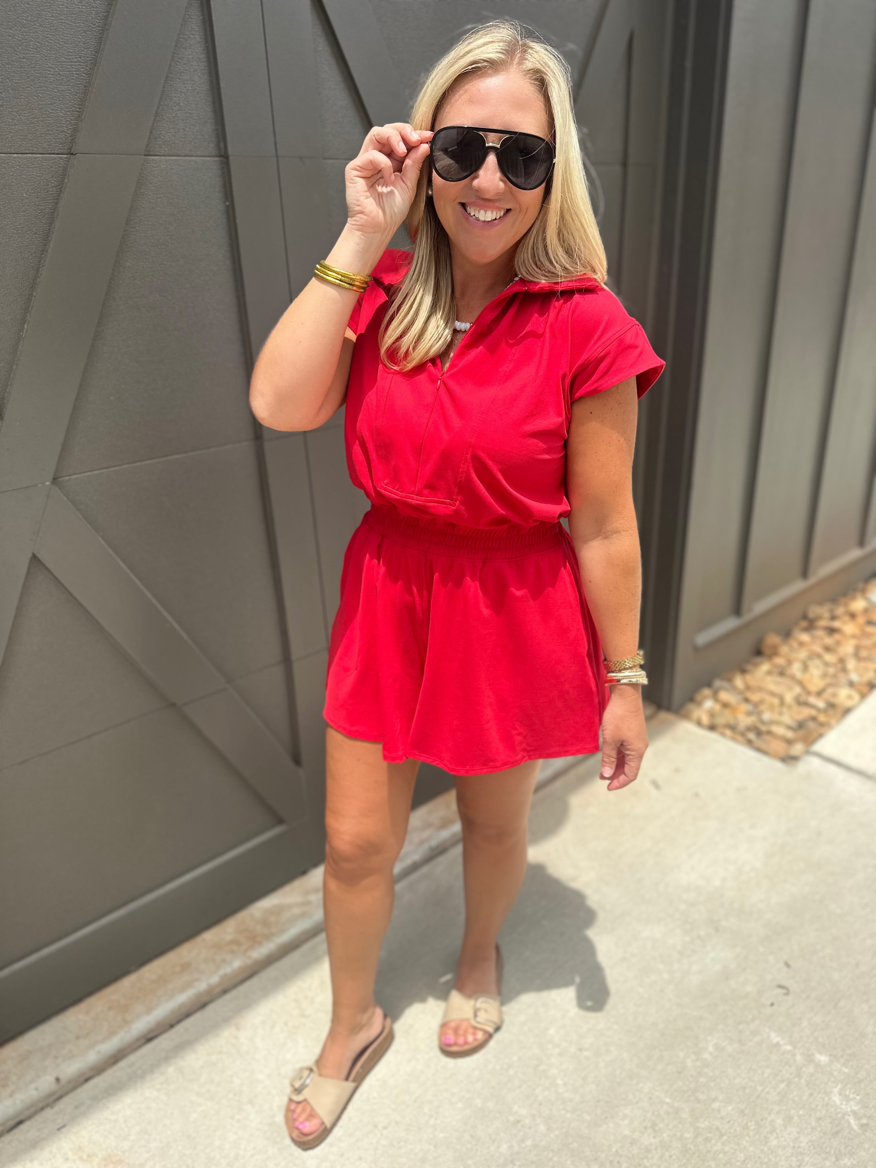Talked About It Butter Soft Collar Romper in Red