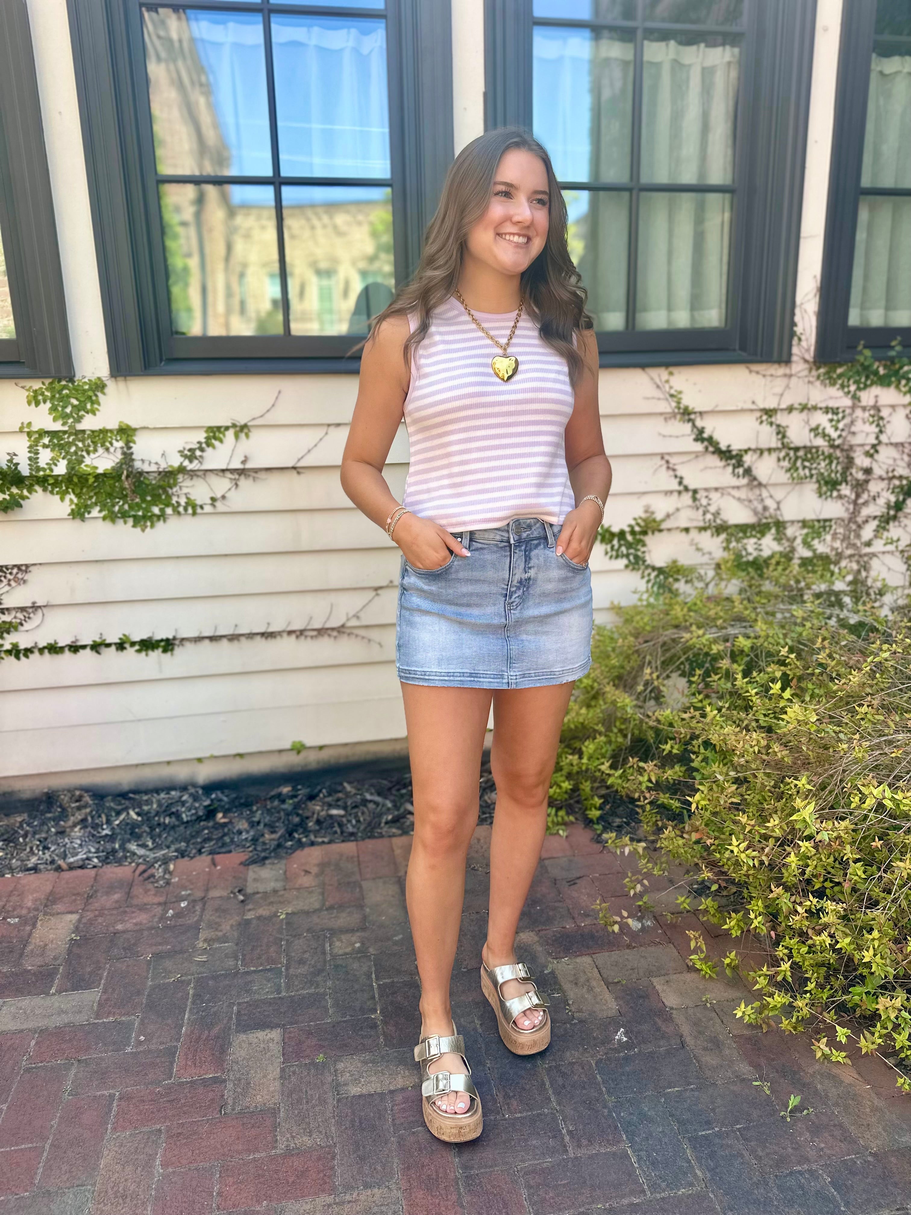 Summertime Lavender Striped Knit Cotton Spandex Tank Top