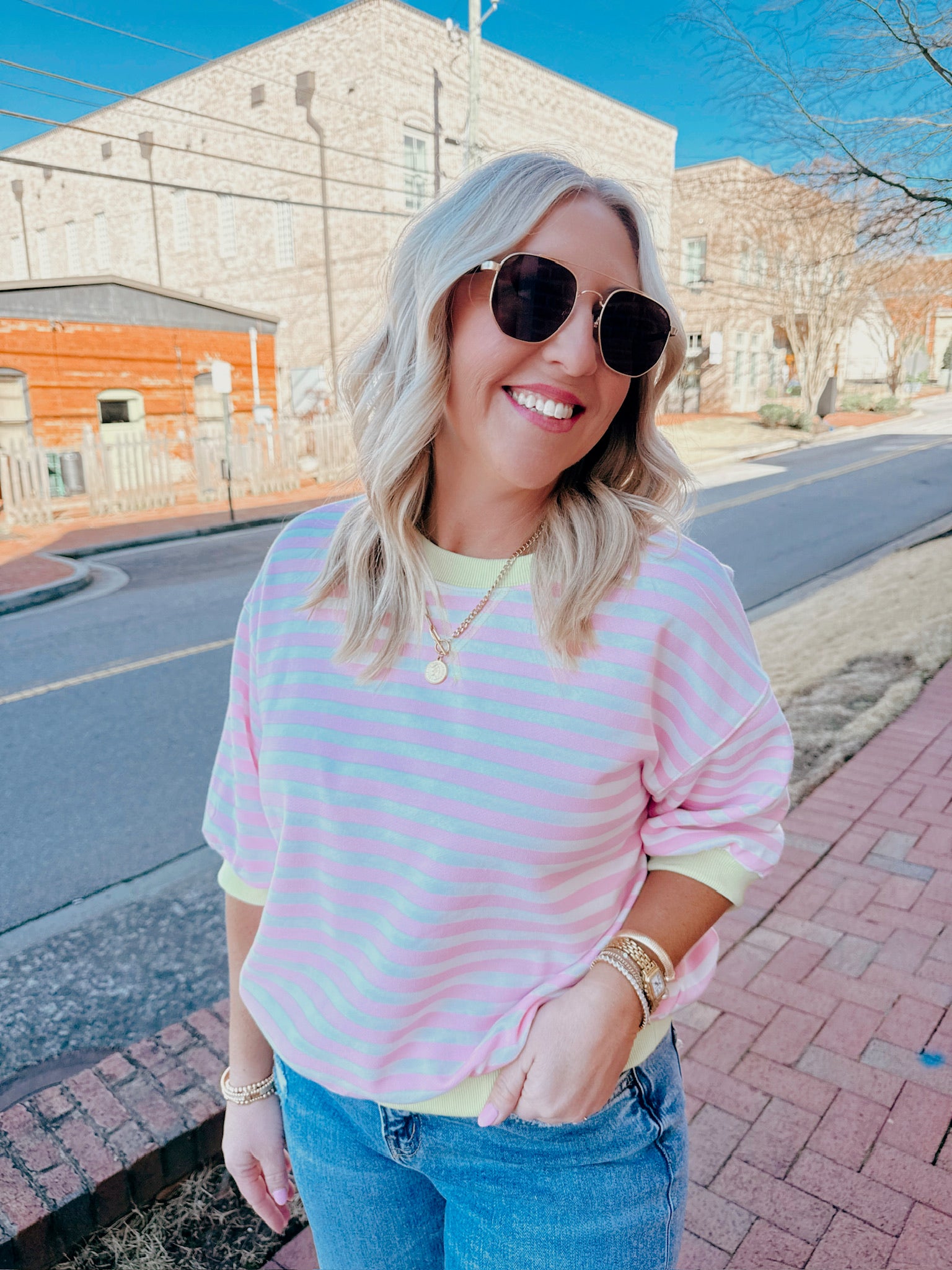 What Made You Striped Short Sleeve Sweatshirt