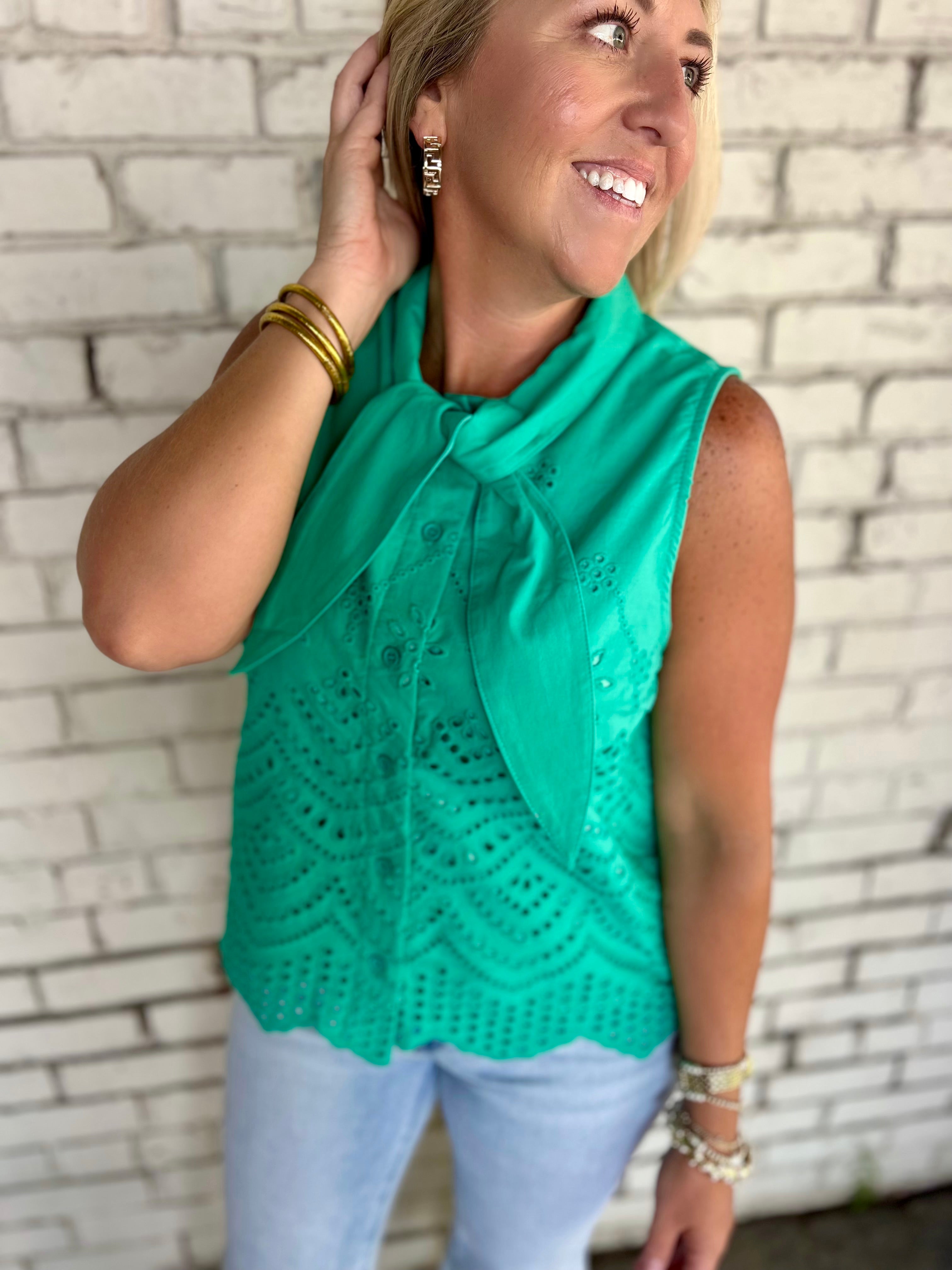 Right Words To Say Eyelet Detail Tie Neck Blouse Top