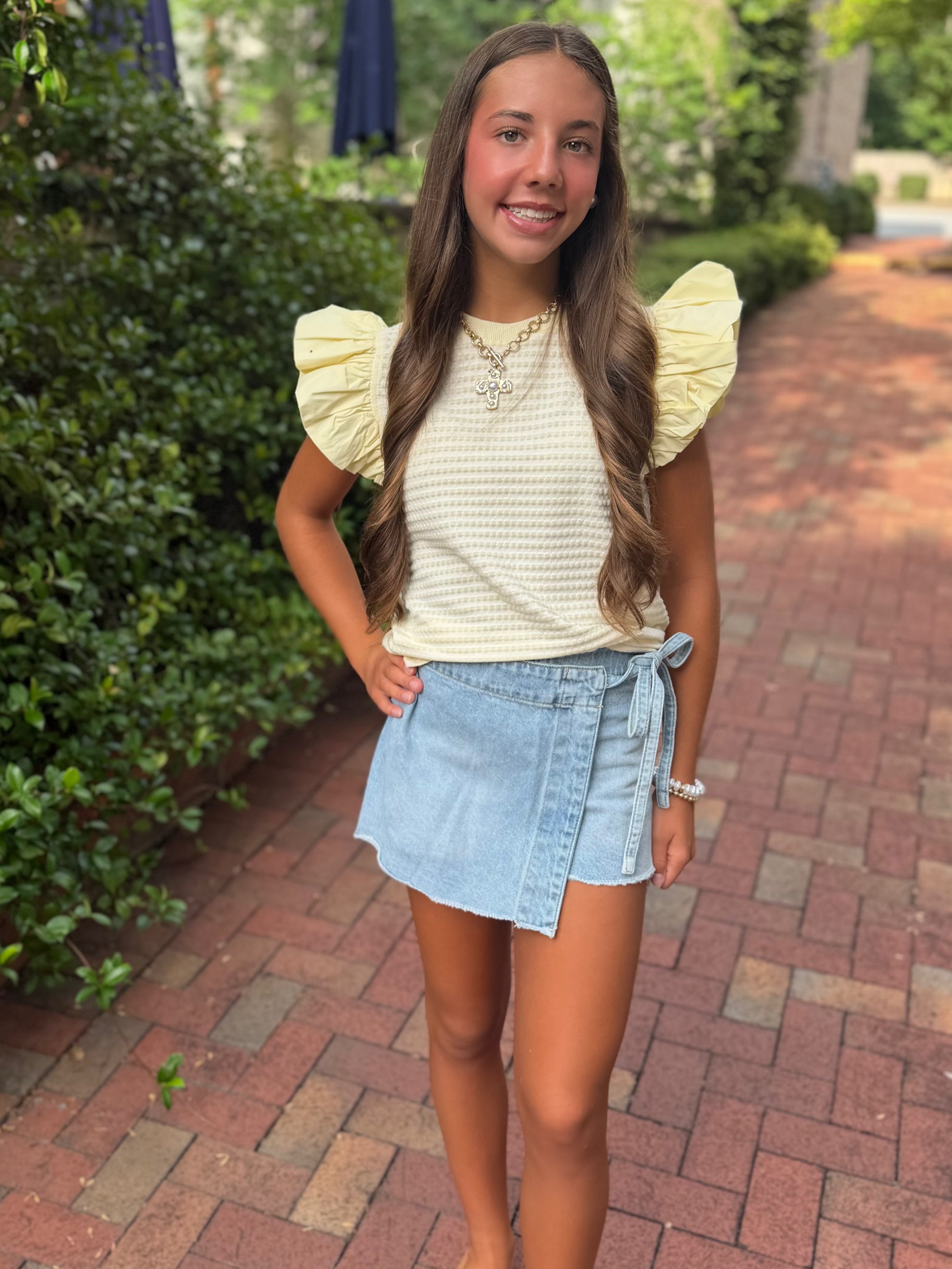 Ray of Sunshine Textured Stripe Bubble Ruffle Sleeve Knit Tee Top