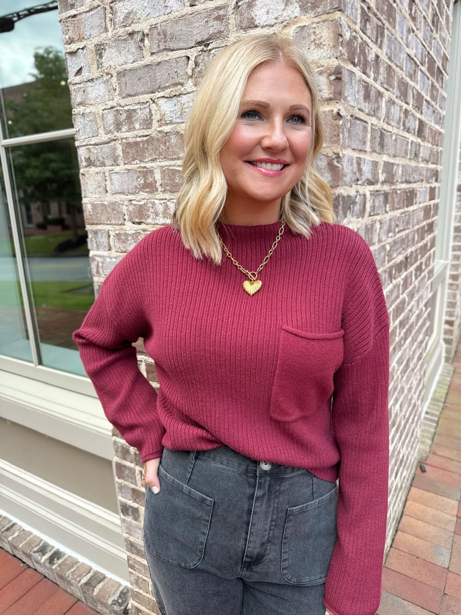 Hard Truth Mock Neck Pocket Detail Long Sleeve Sweater Top in Burgundy