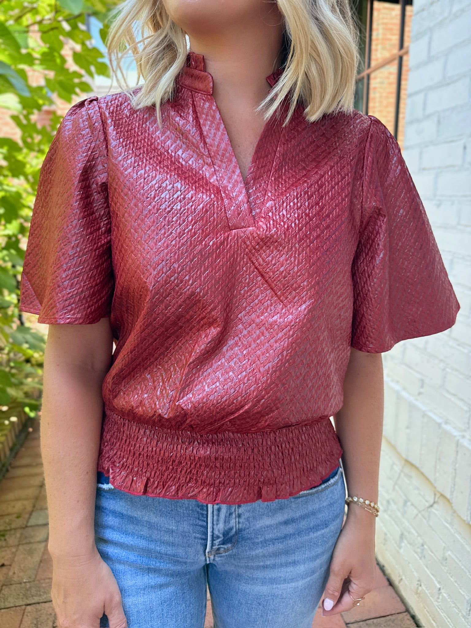 When I'm Gone Smocked Hem Top in Burgundy