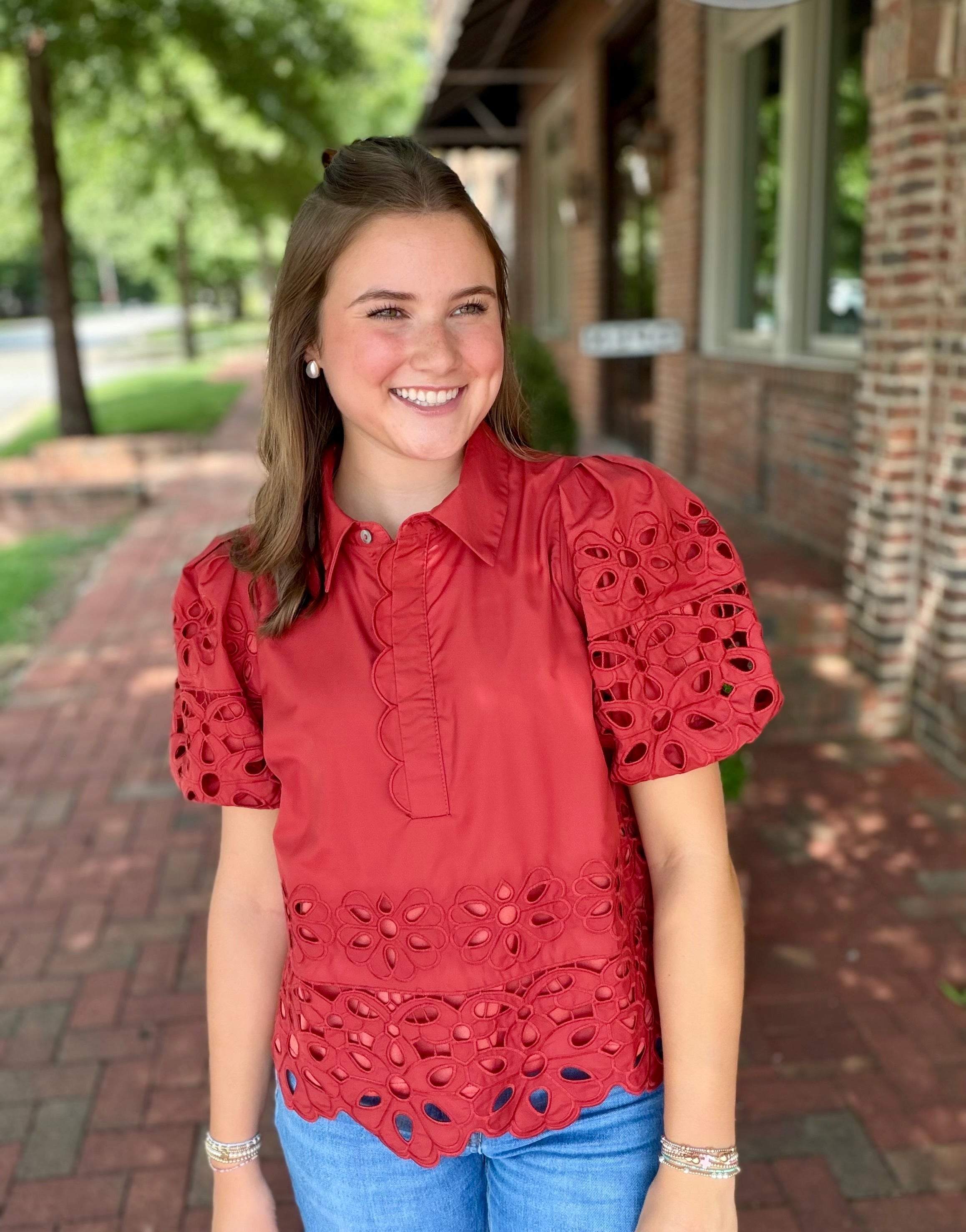 The Charleston Eyelet Button Down Blouse