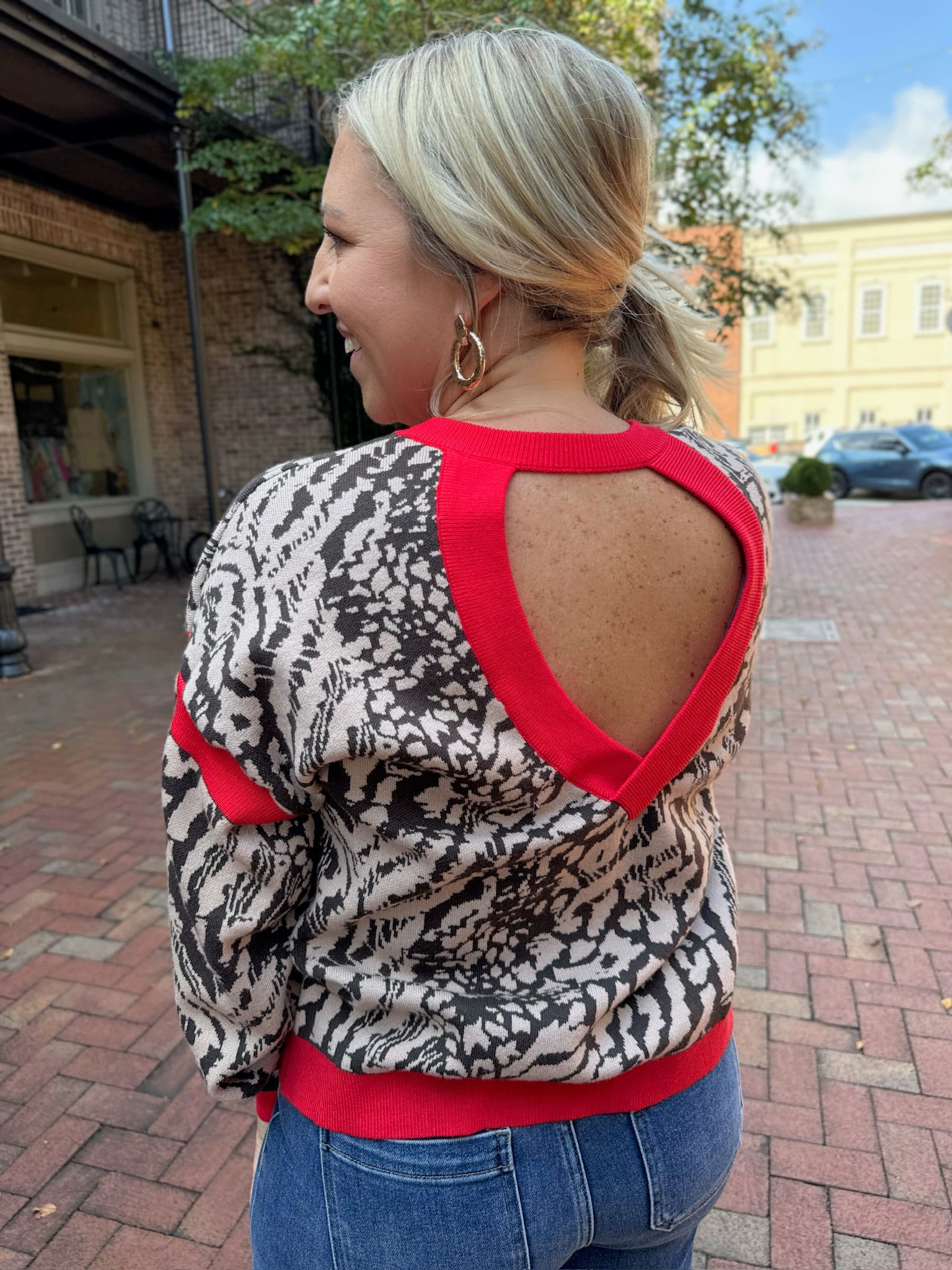 Get Ready Animal Print Color blocking Open Back Sweater