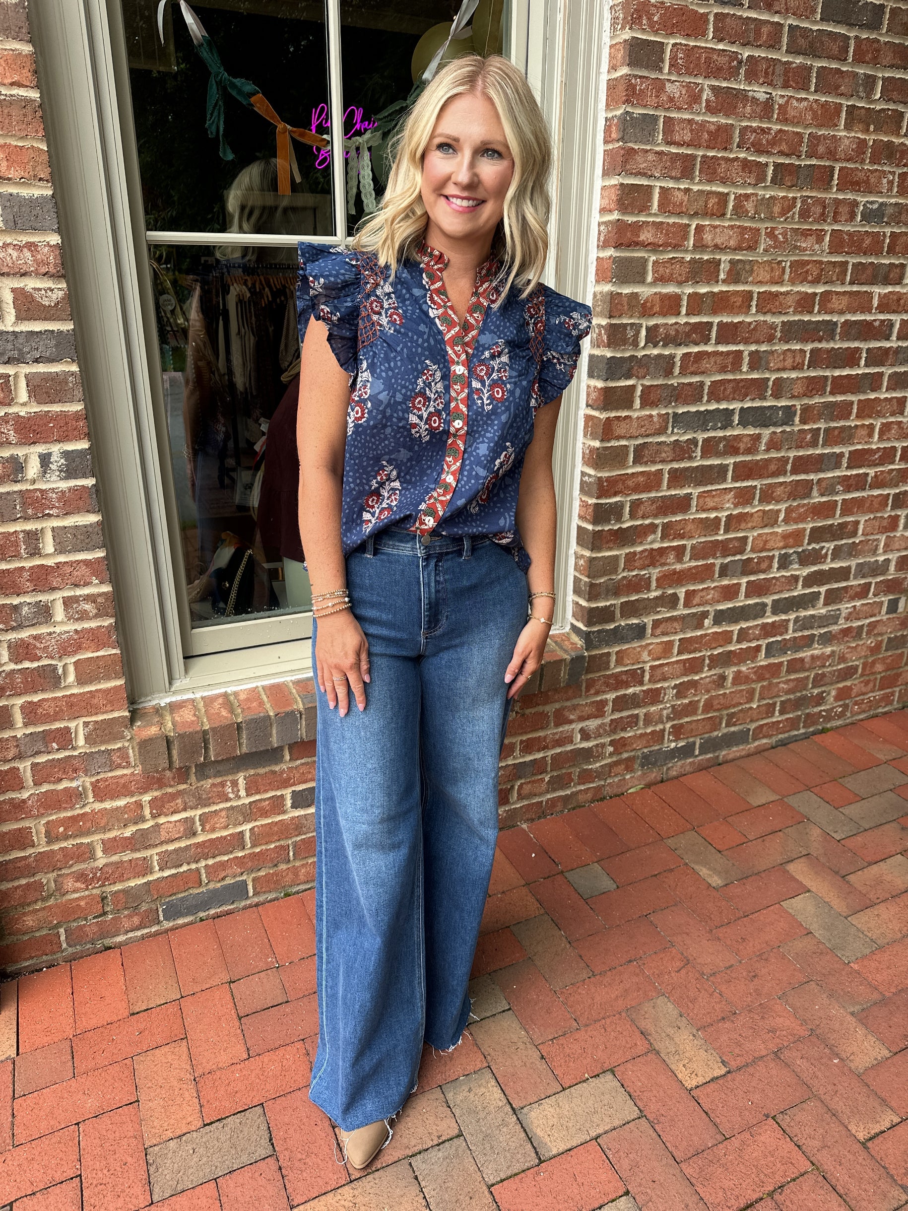 Repeat Sunset Flutter Sleeve Floral Print V Neck Top