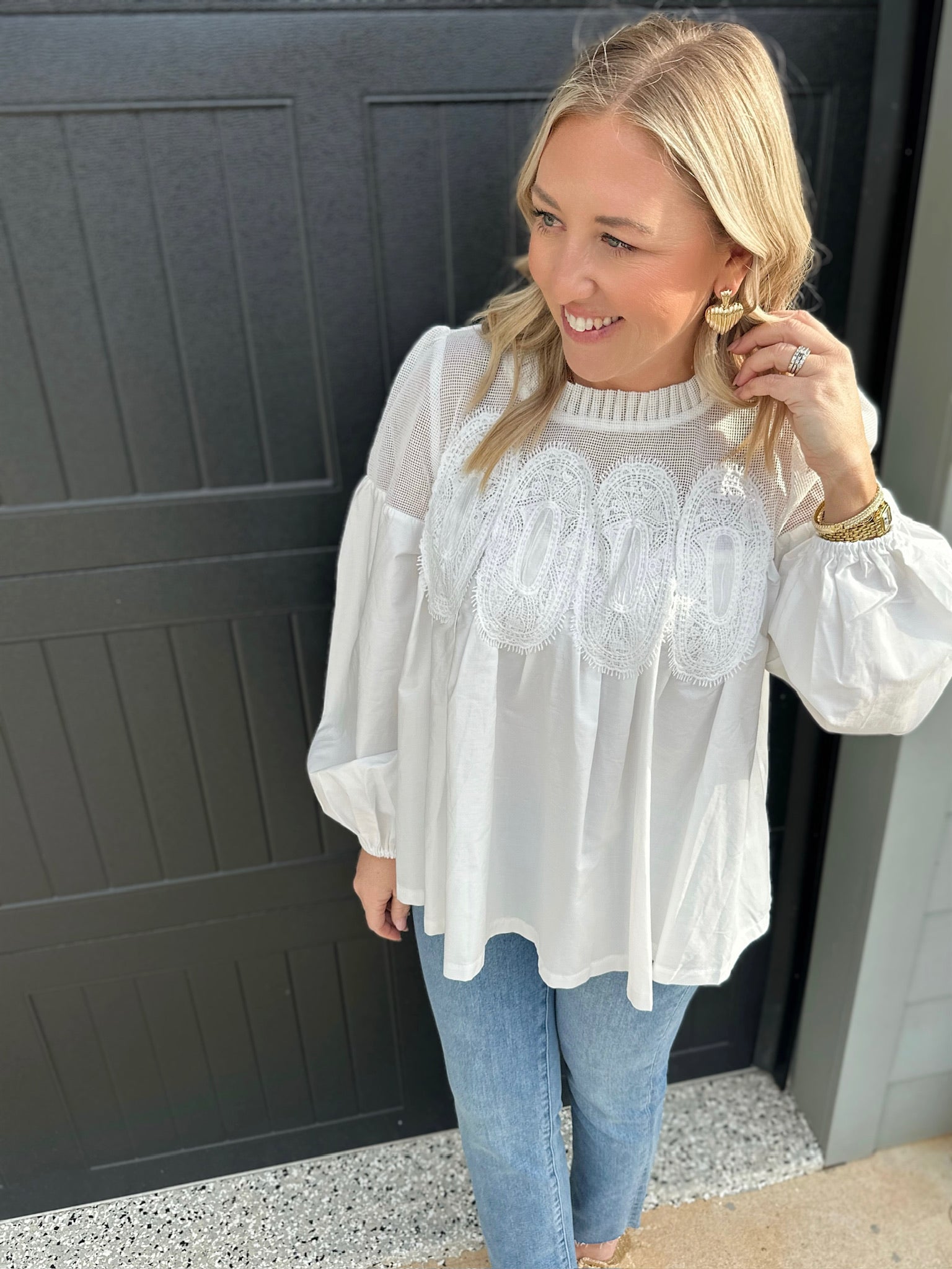 Broken Hearted Lace Detail Long Sleeve Top in Off White
