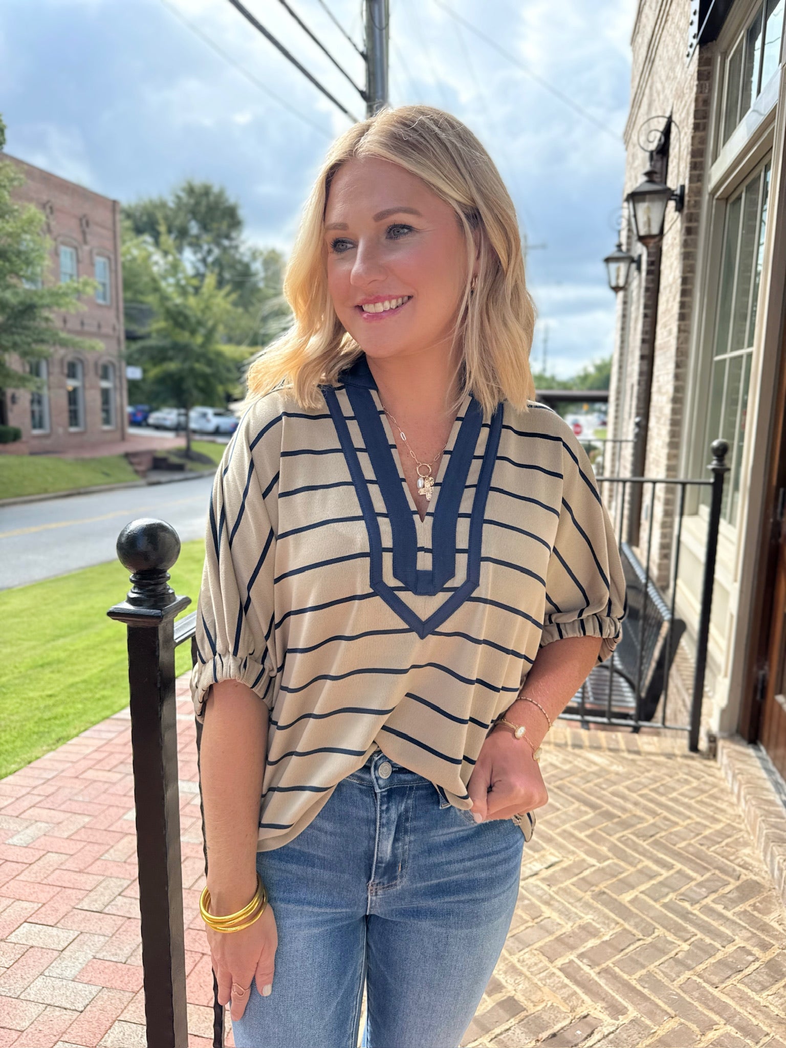 How Lucky are We Striped Pico Sleeve Top