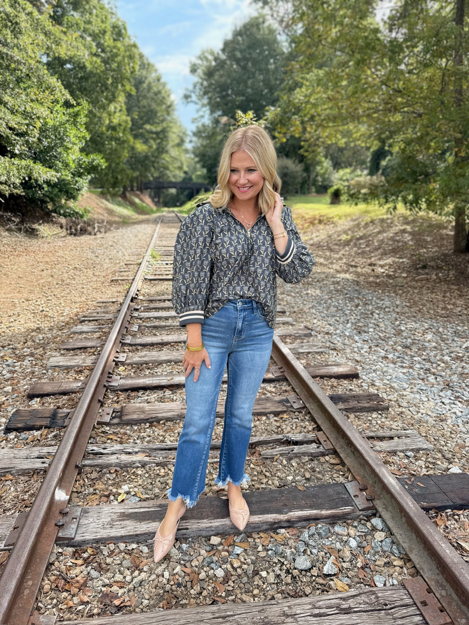 No Where I'd Rather Be Floral and Striped Zip Top