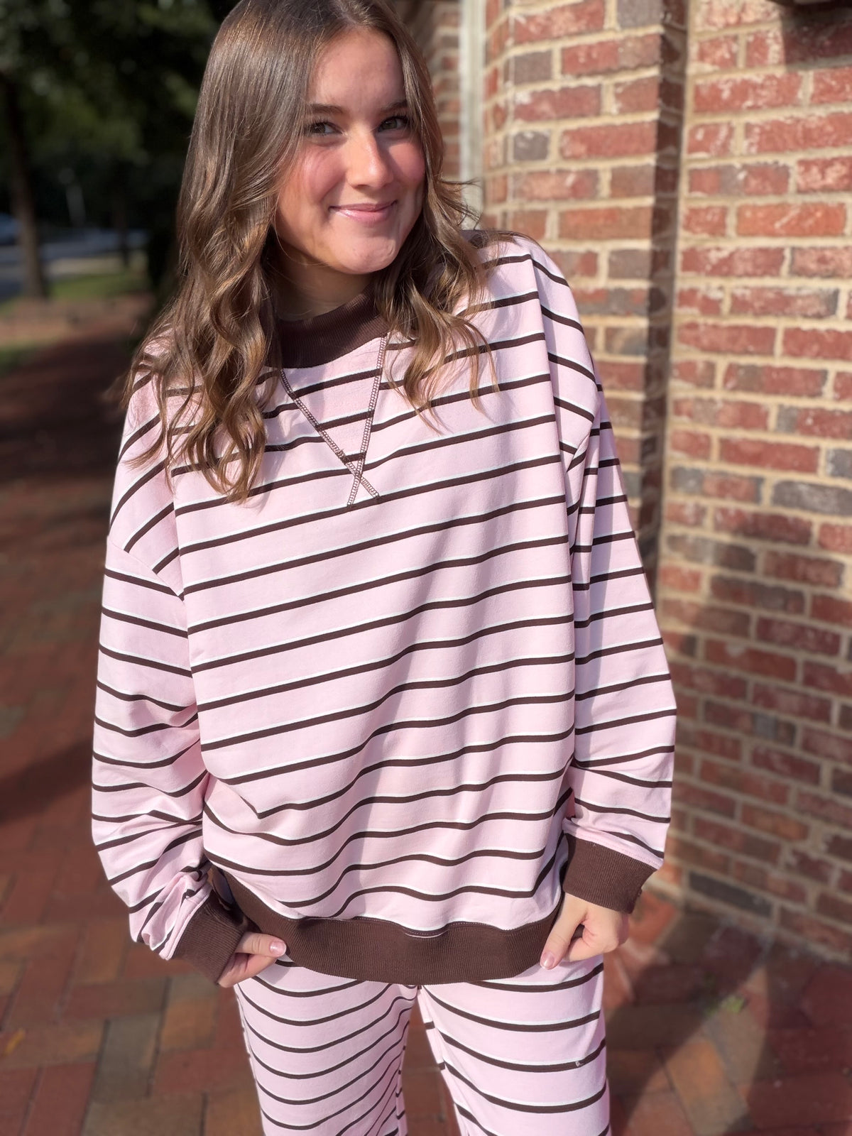 Cocoa Blush Striped Crewneck Sweatshirt