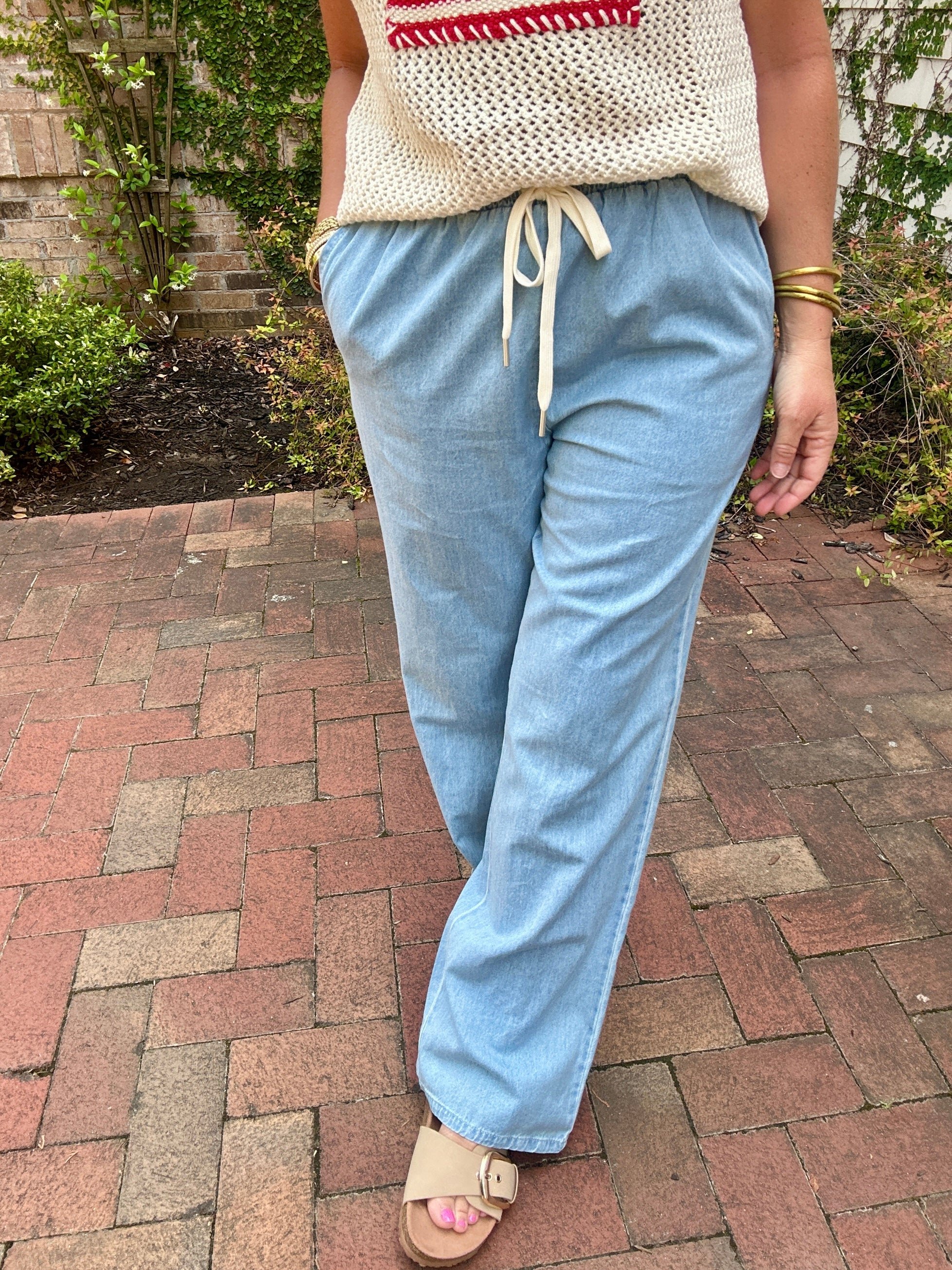 Running It Out High Rise Drawstring Straight Soft Denim Pants