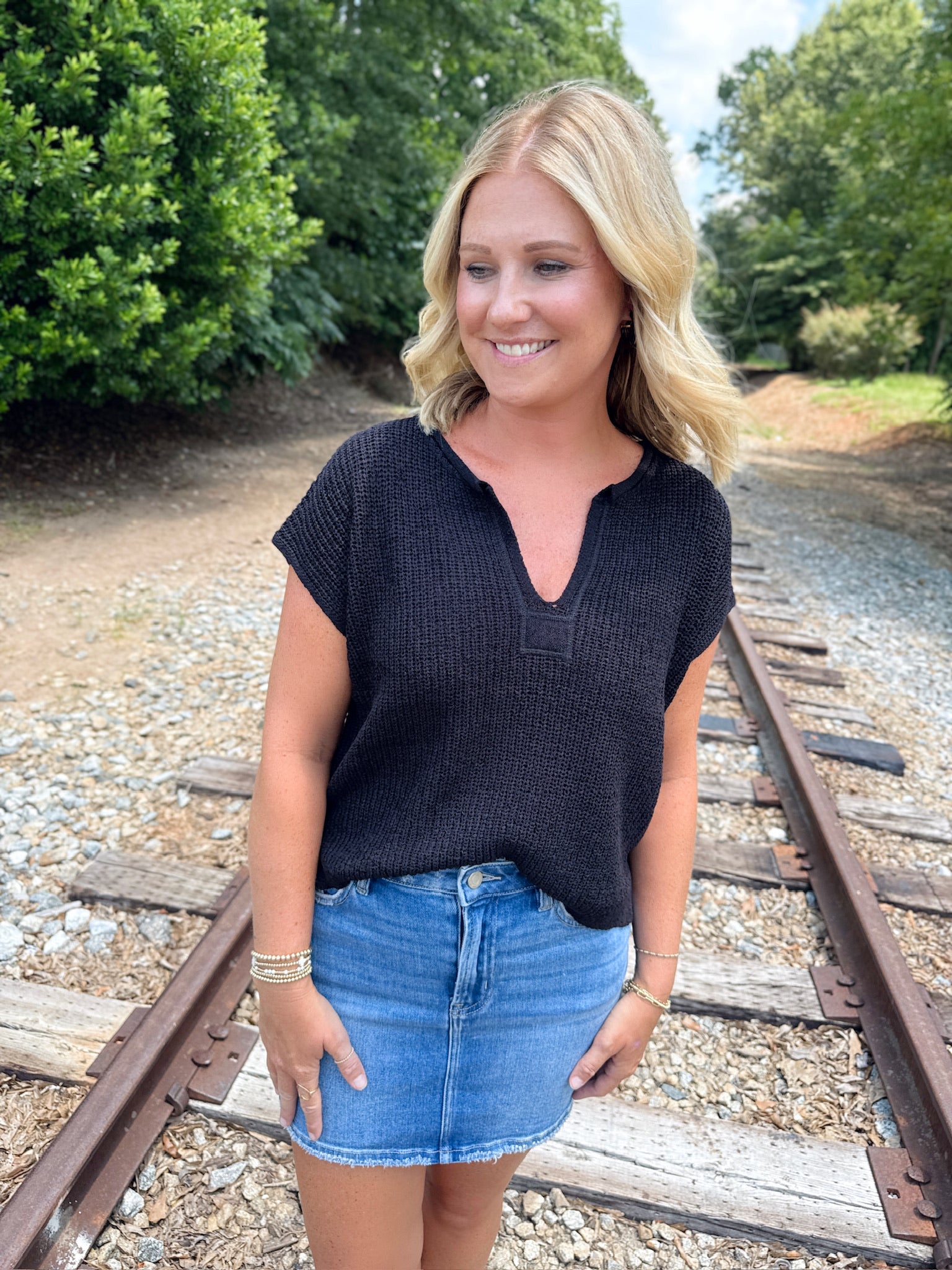 Stay Dry Split Neck Short Sleeve Knit Top in Black