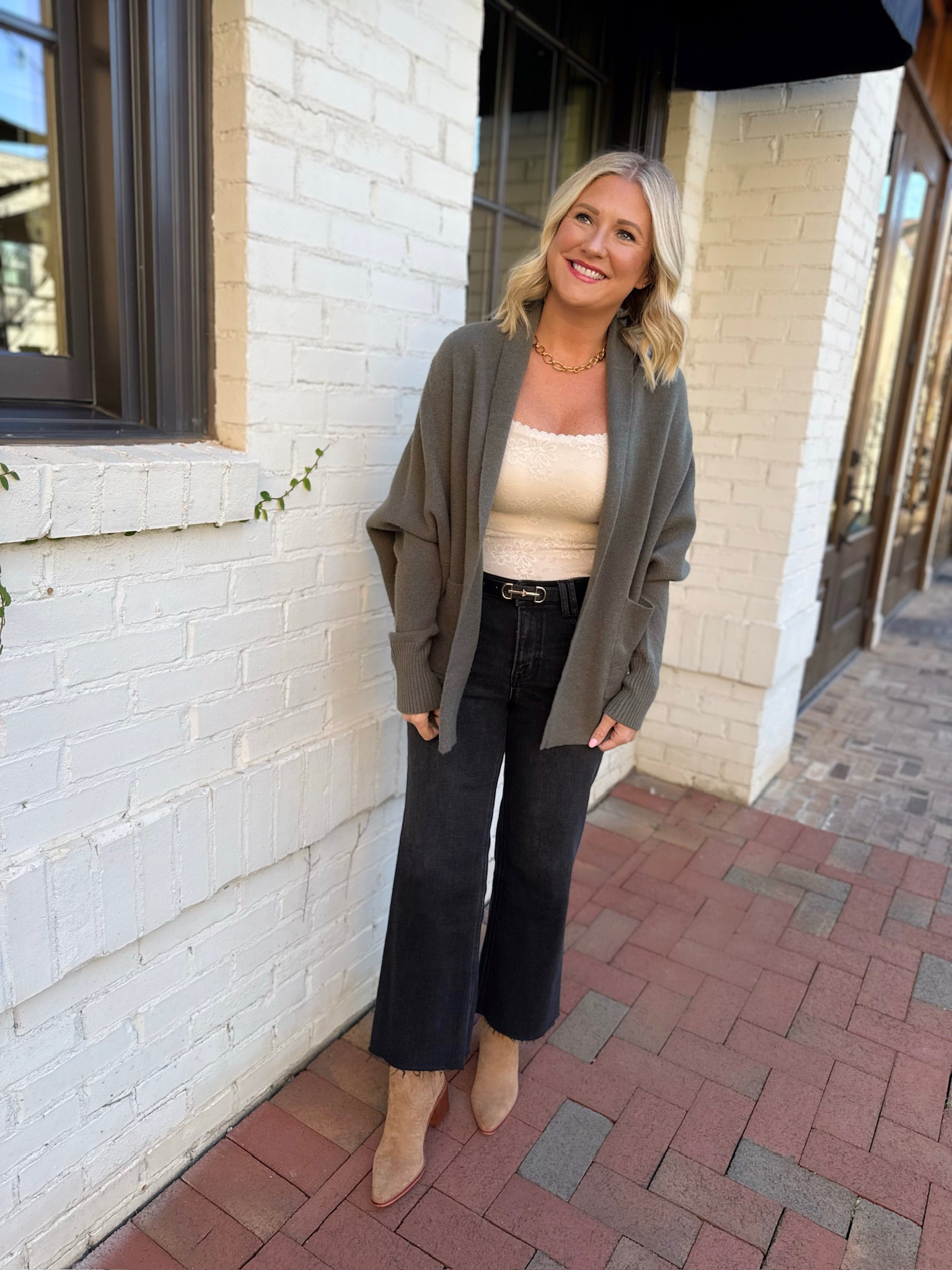 Keepin' It Cozy Cardigan with Front Pockets in Olive