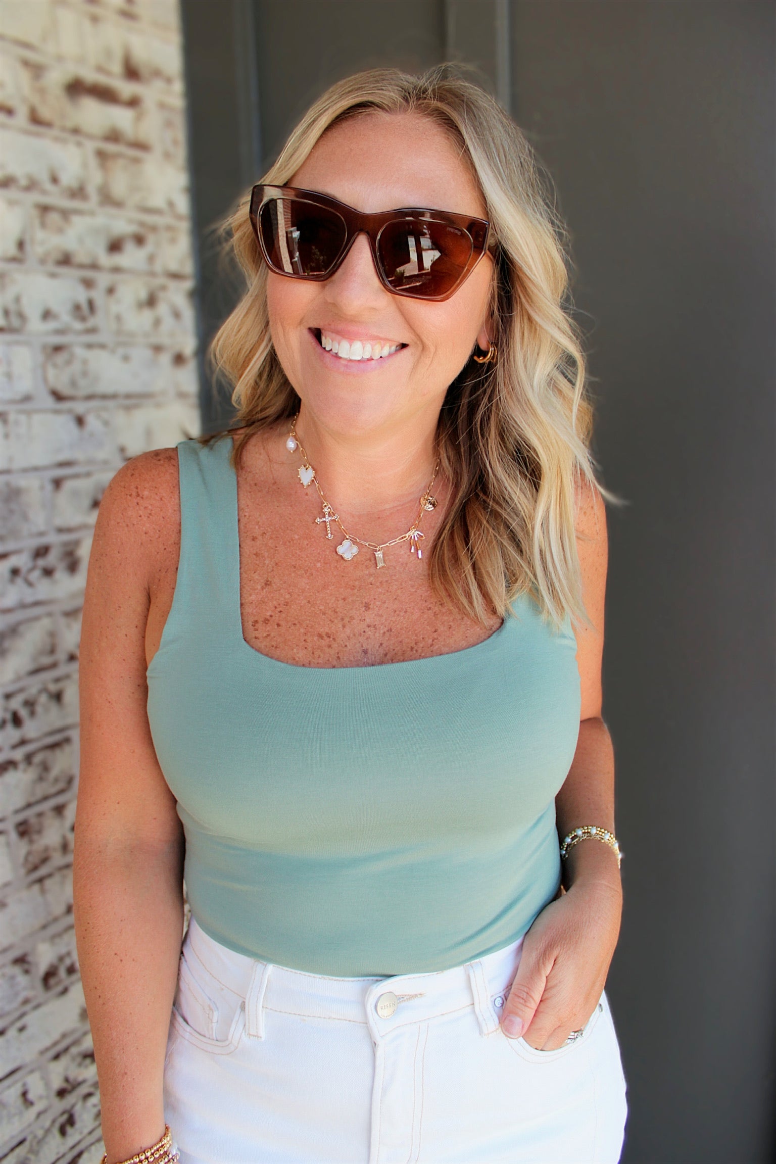 To Tell the Truth Squared Neck Bodysuit in Sage