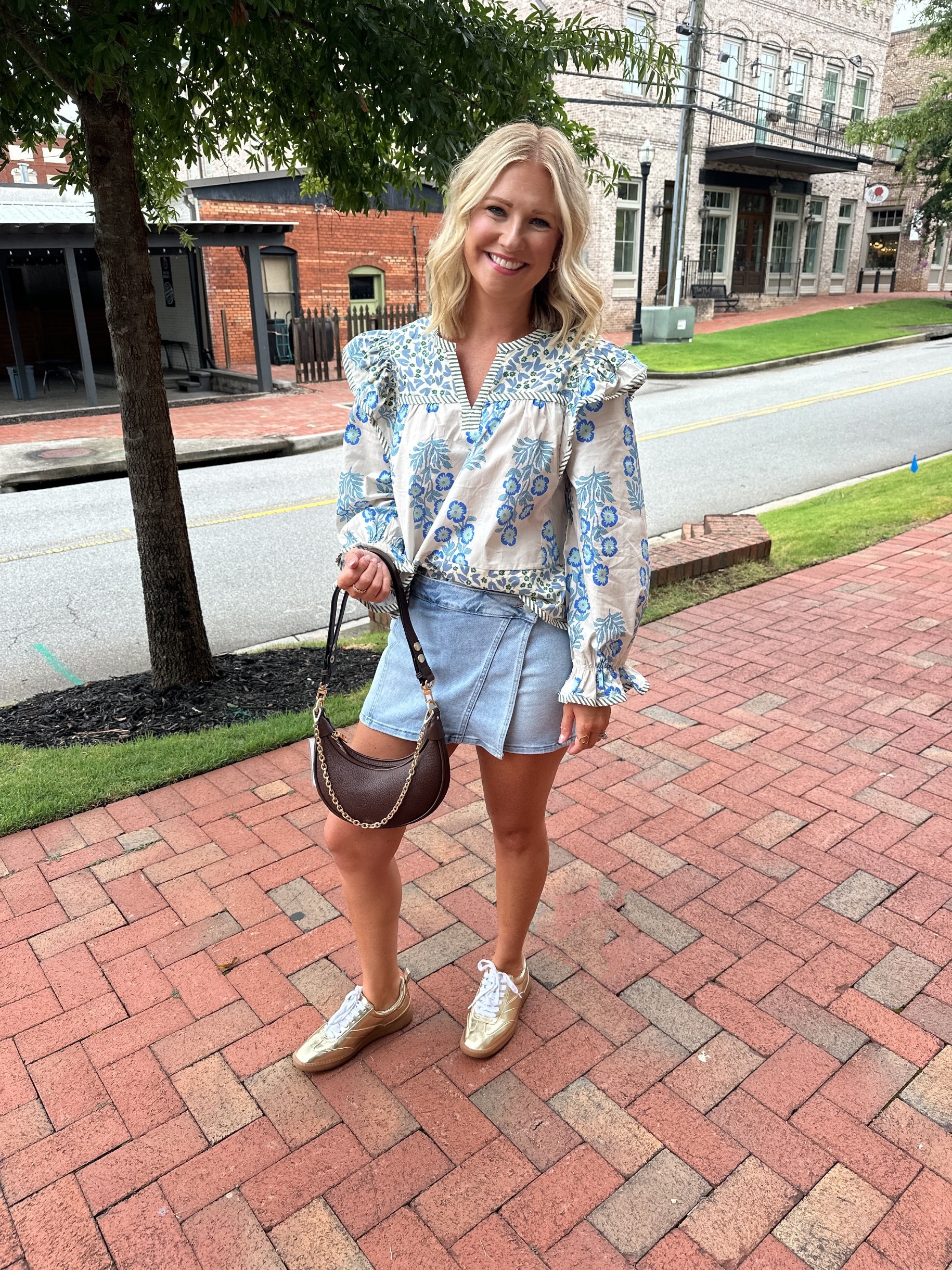 Falling into Florals Multi Print Long Sleeve with Ruffles in Blue