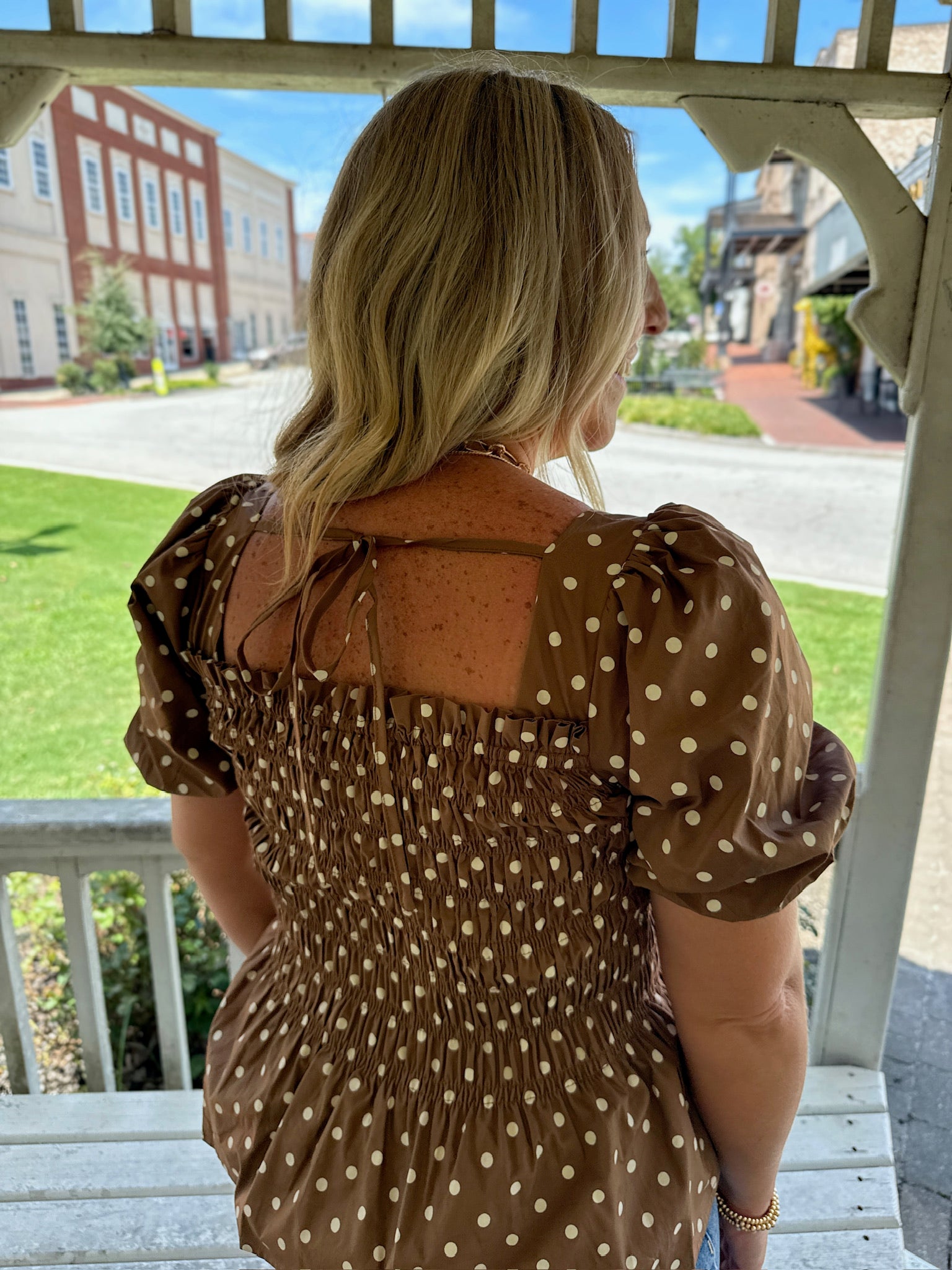 Everyday Elegance Polka Dot Smocked Peplum Top