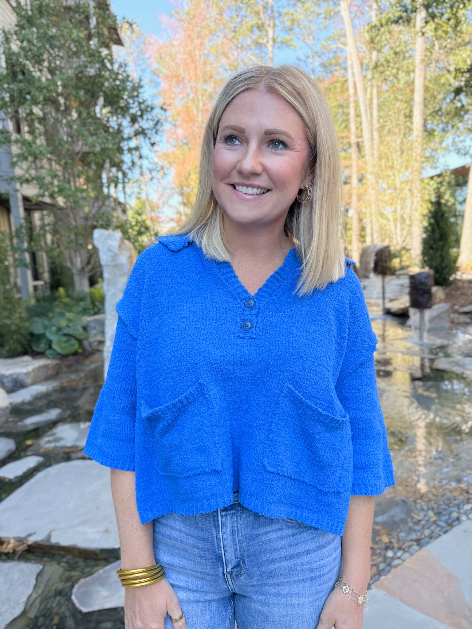 Living in the Time Knit Sweater with Front Pockets in Blue