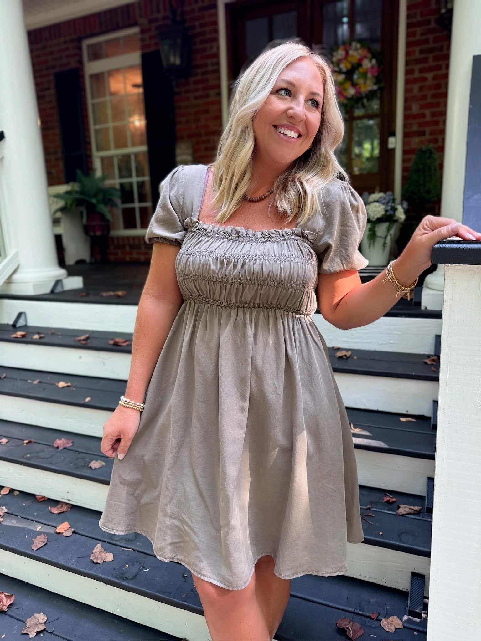 Stealing Hearts Smocked Puff Sleeve Mini Dress in Mocha
