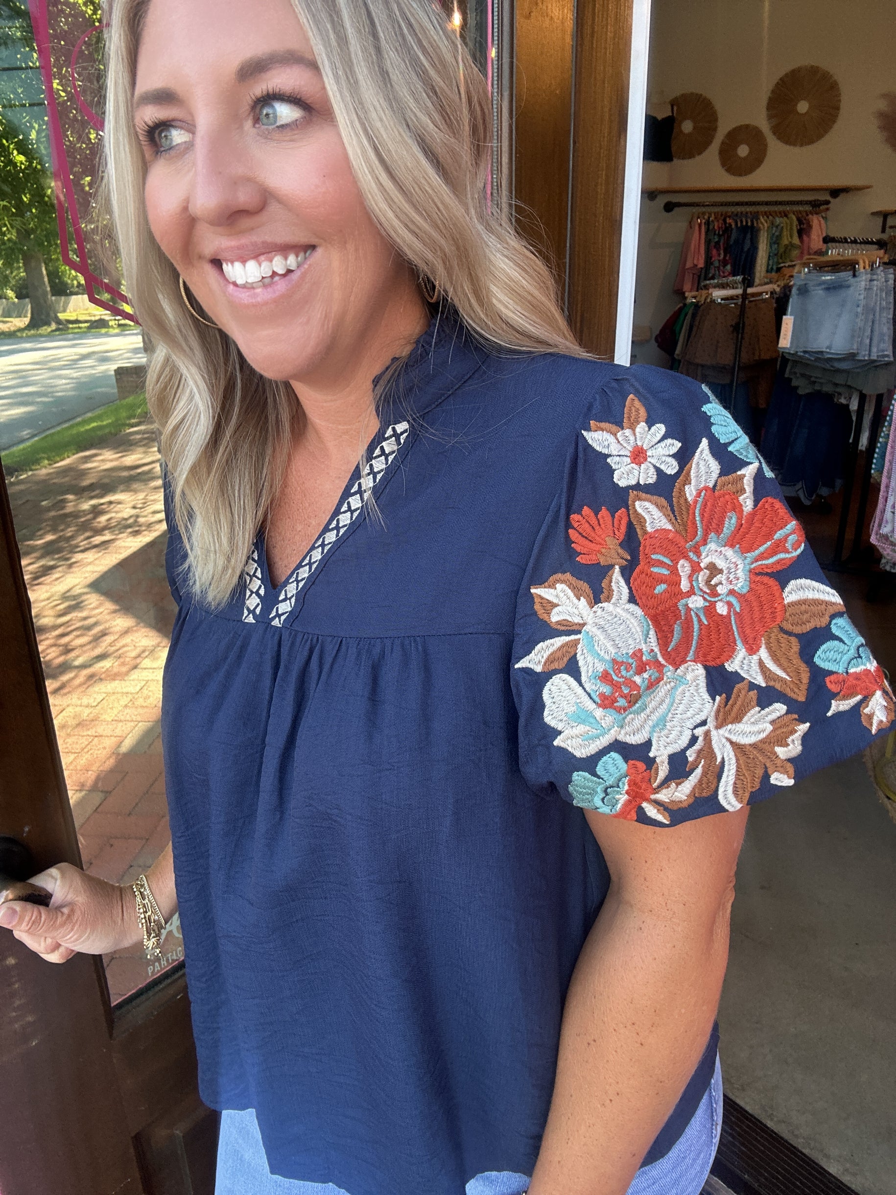 Change My Mind Embroidered Detail Puff Sleeve V Neck Top