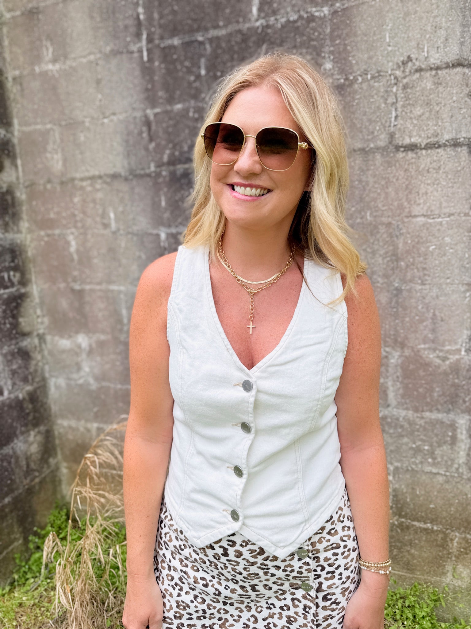 Love Ain't V Neck Button Down Denim Vest in Cream