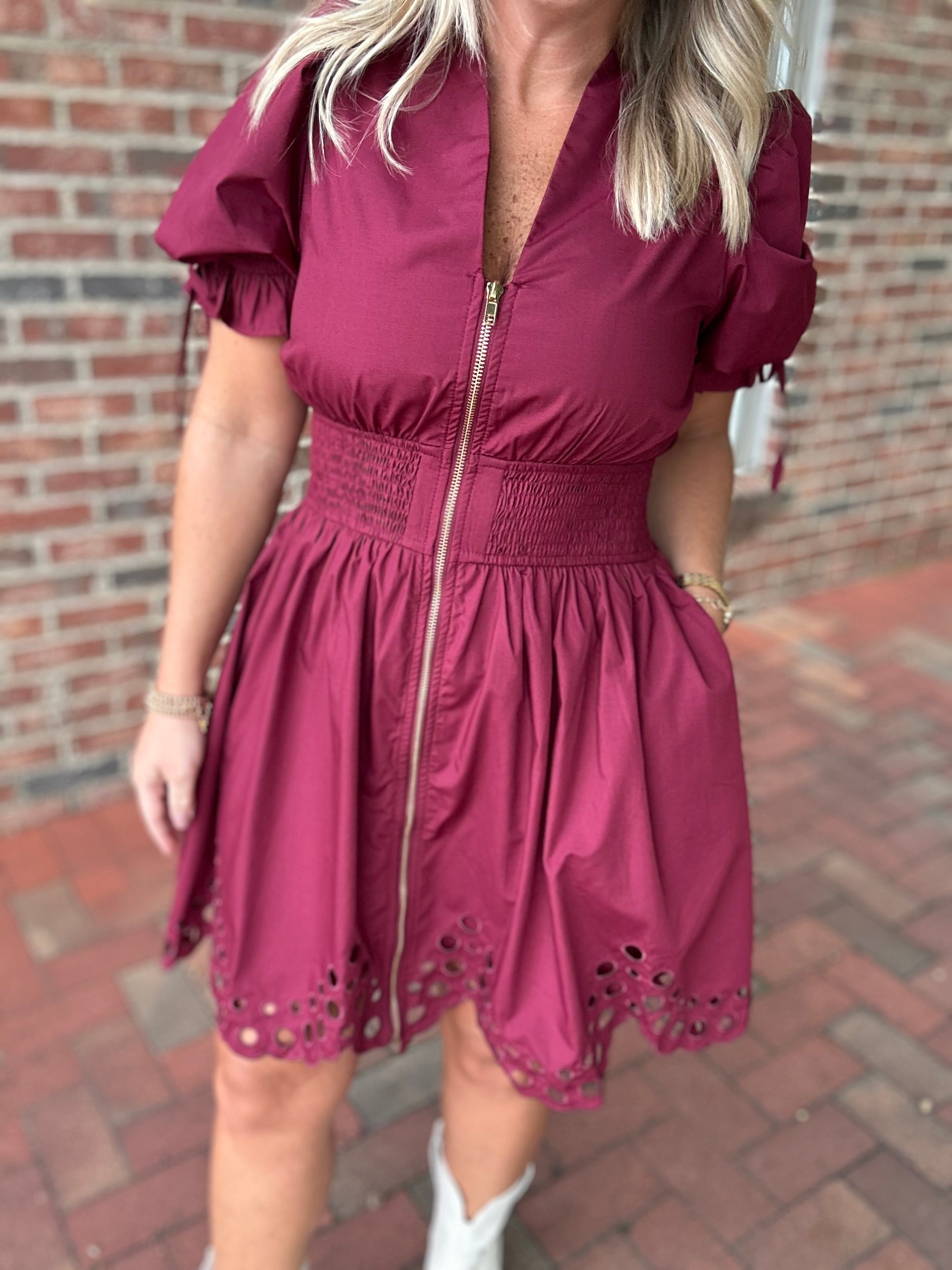 Casey Eyelet Pattern Bubble Sleeve With Tie Mini Dress