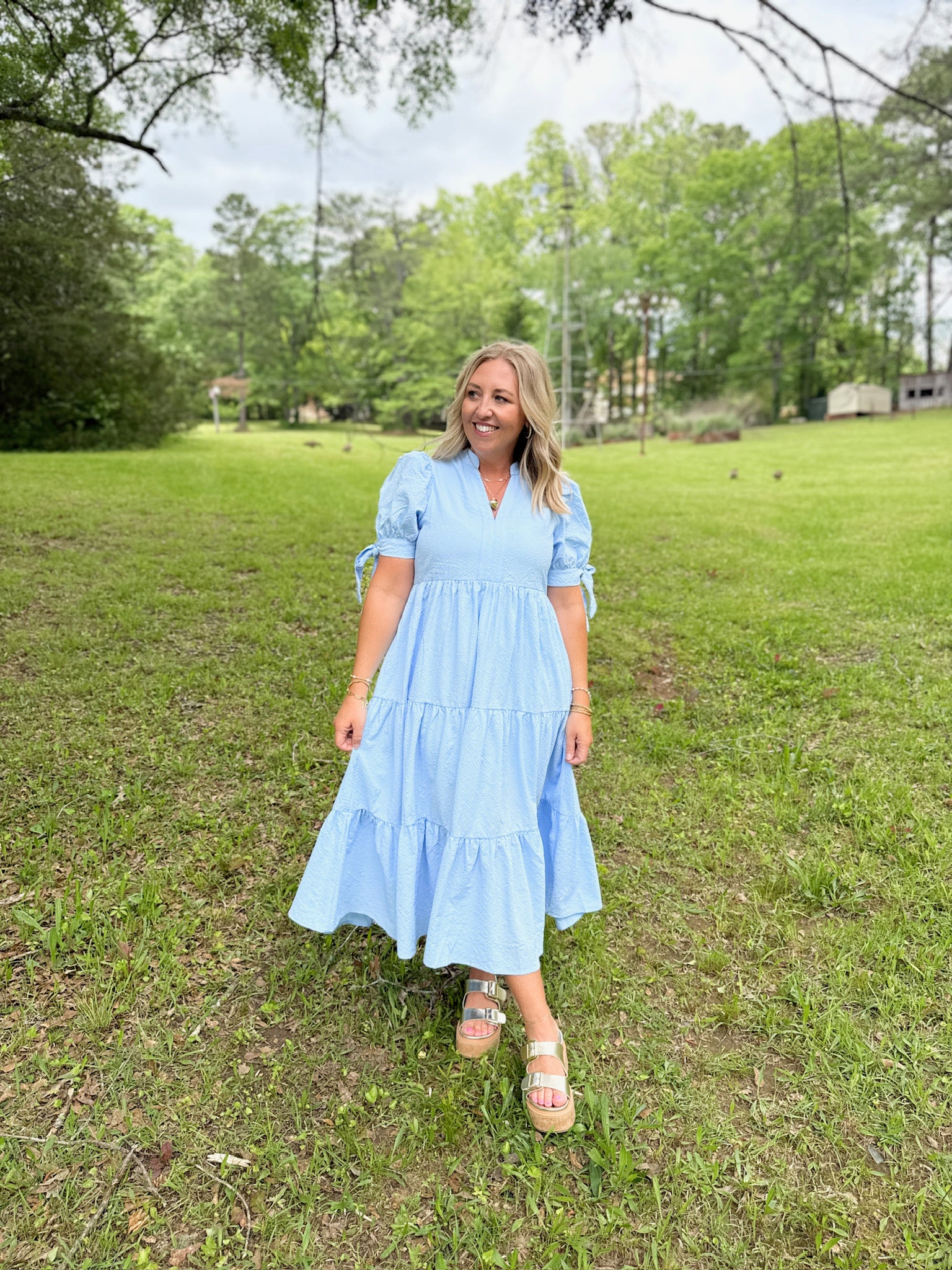 To Be Young Tiered Bow Short Sleeve Midi Dress