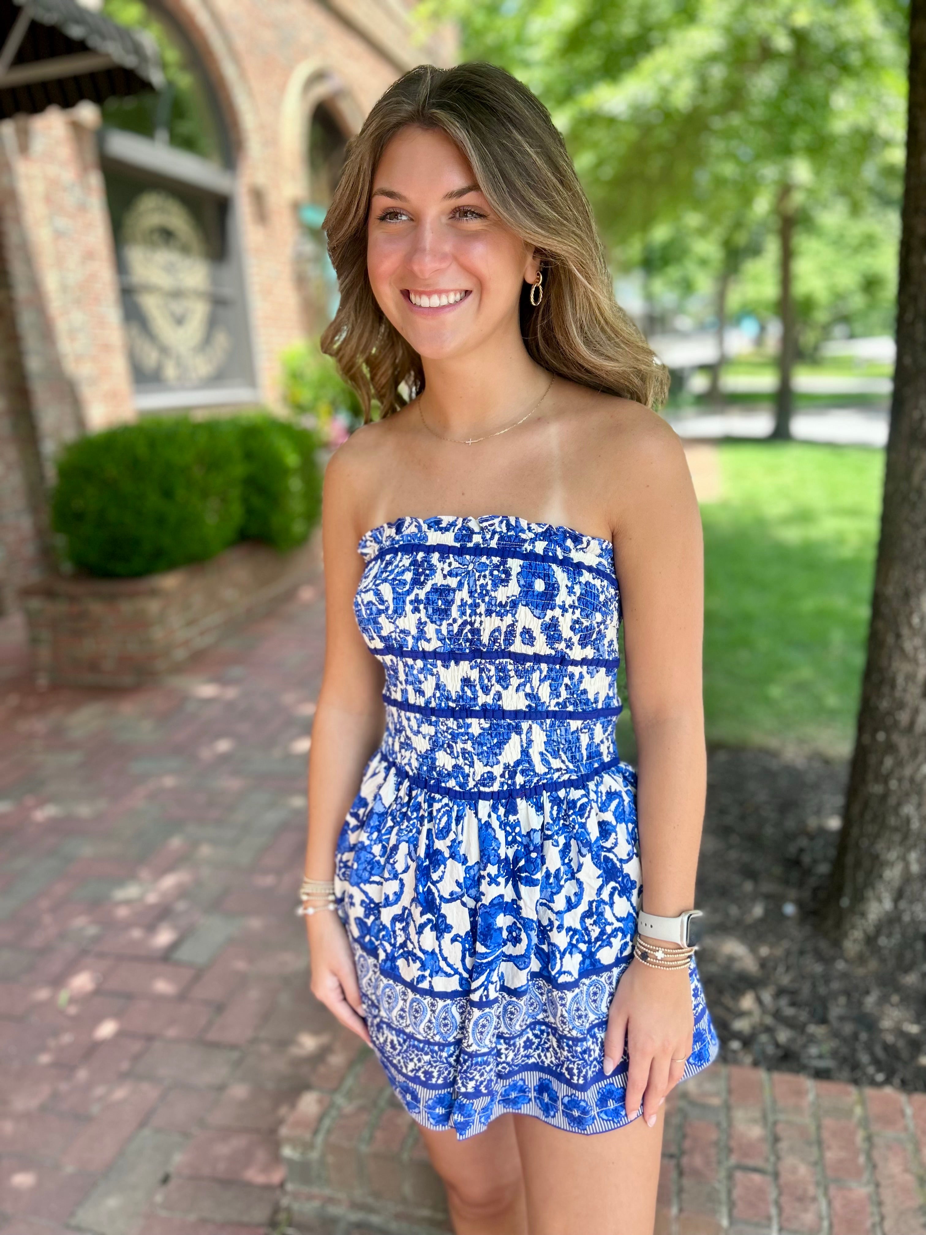 Sweet Summertime Strapless Paisley Romper in Blue