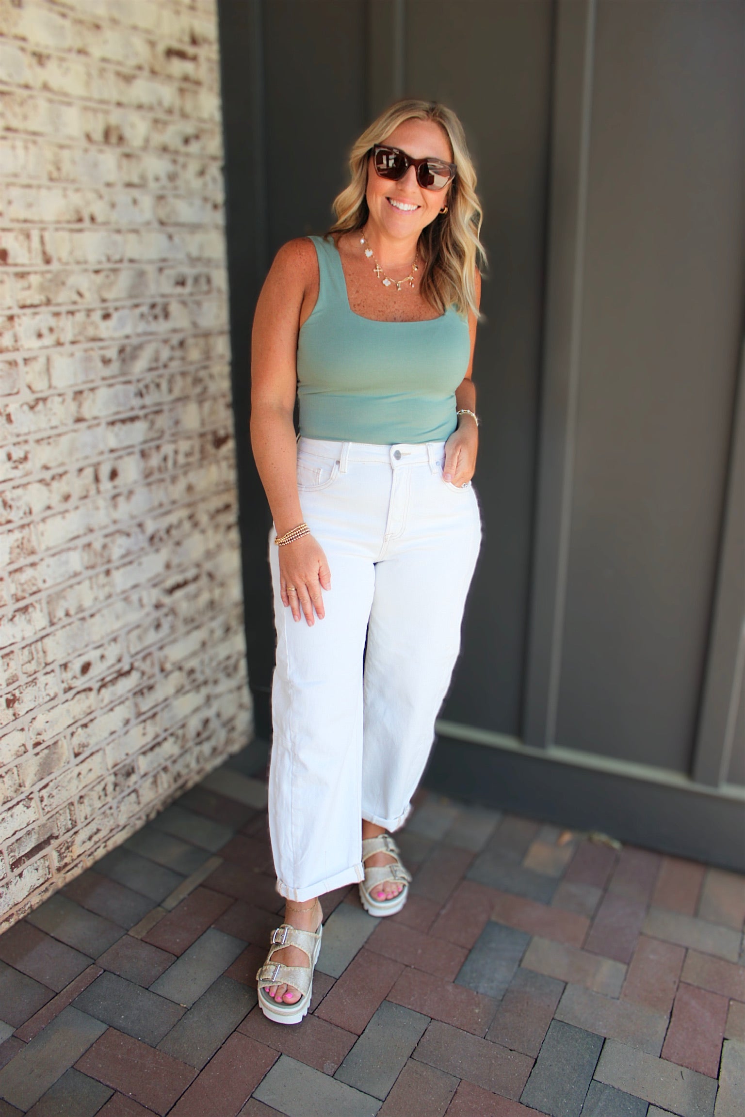 To Tell the Truth Squared Neck Bodysuit in Sage