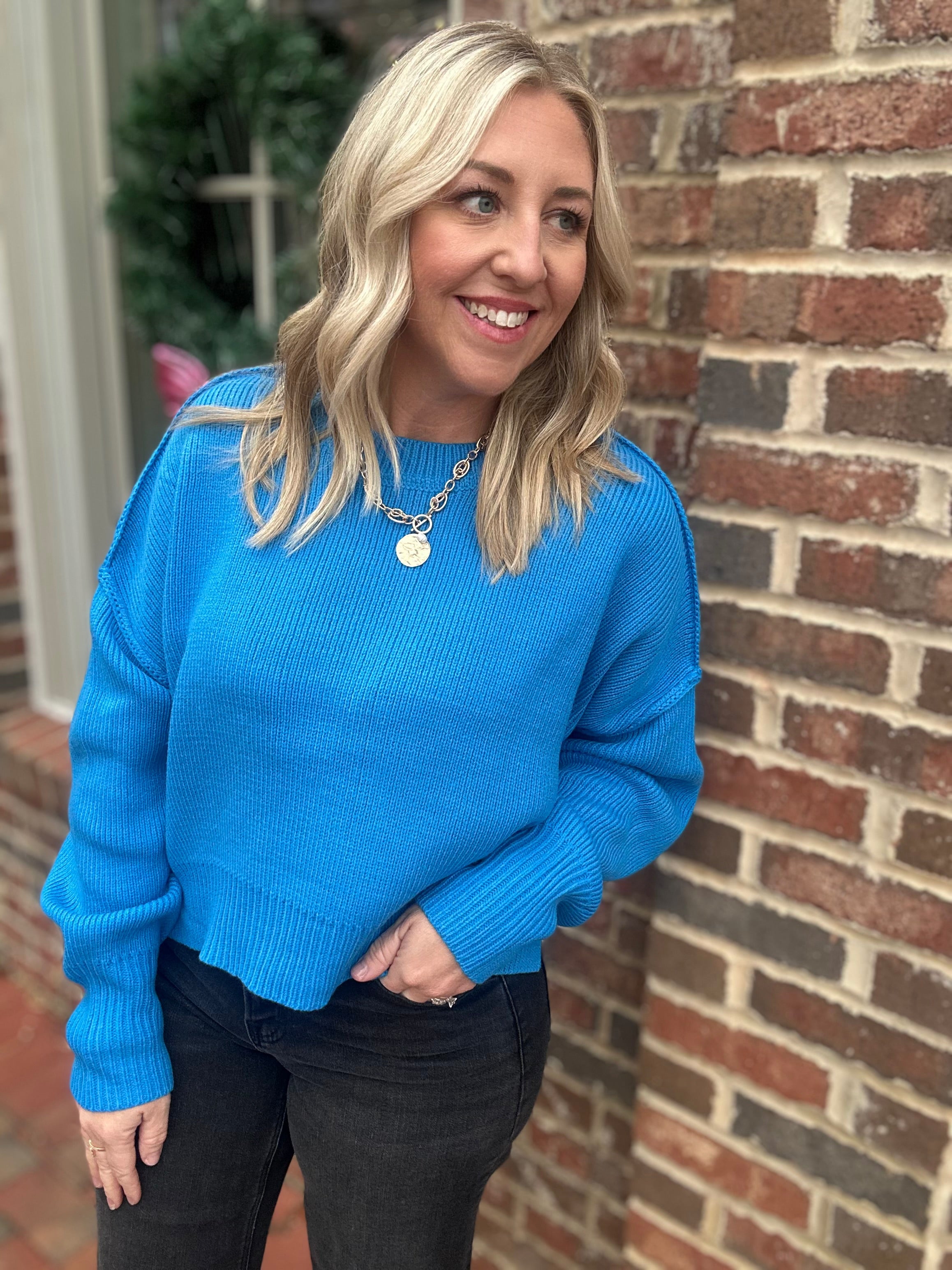 Mae Long Sleeve Wide Neck Sweater in Ocean Blue
