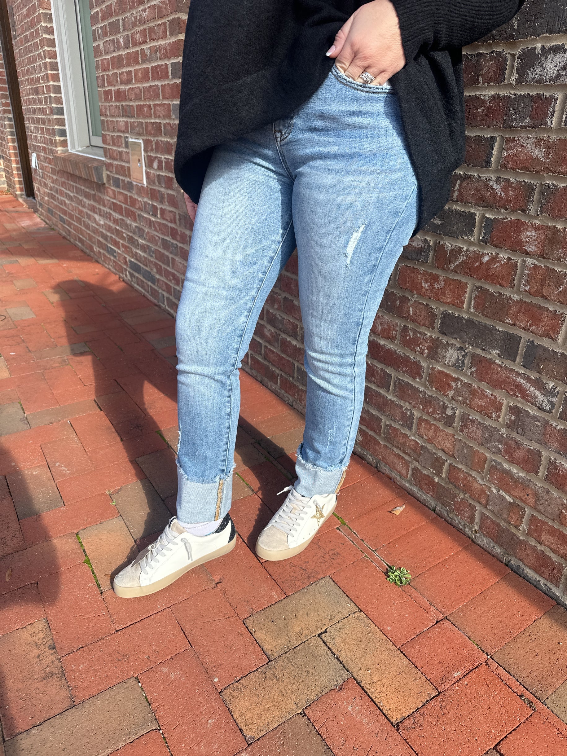 Heather High Rise Straight Cuffed Hem Medium Wash Jeans