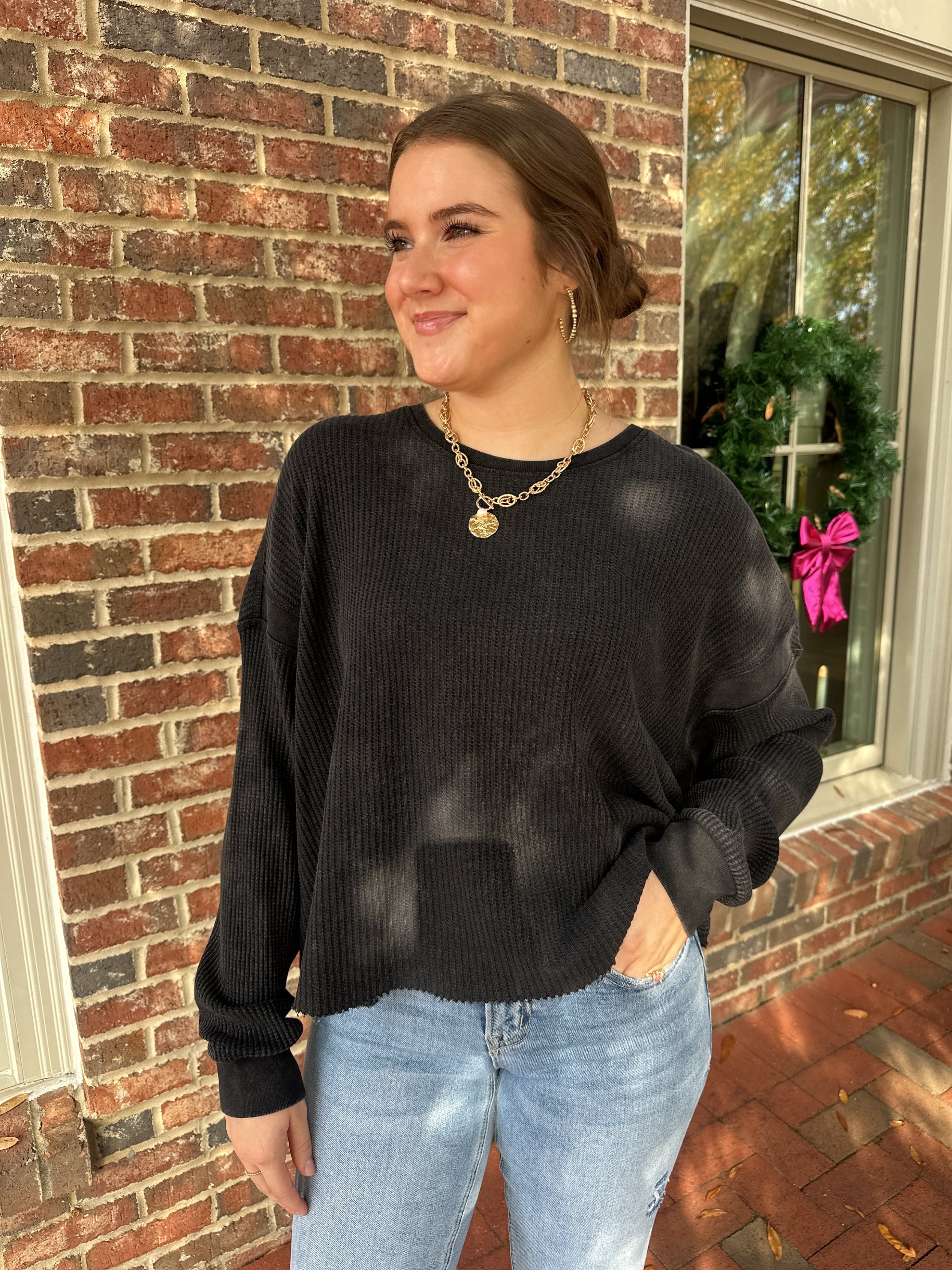 Contrast To You Open Back Waffle Knit Top in Black