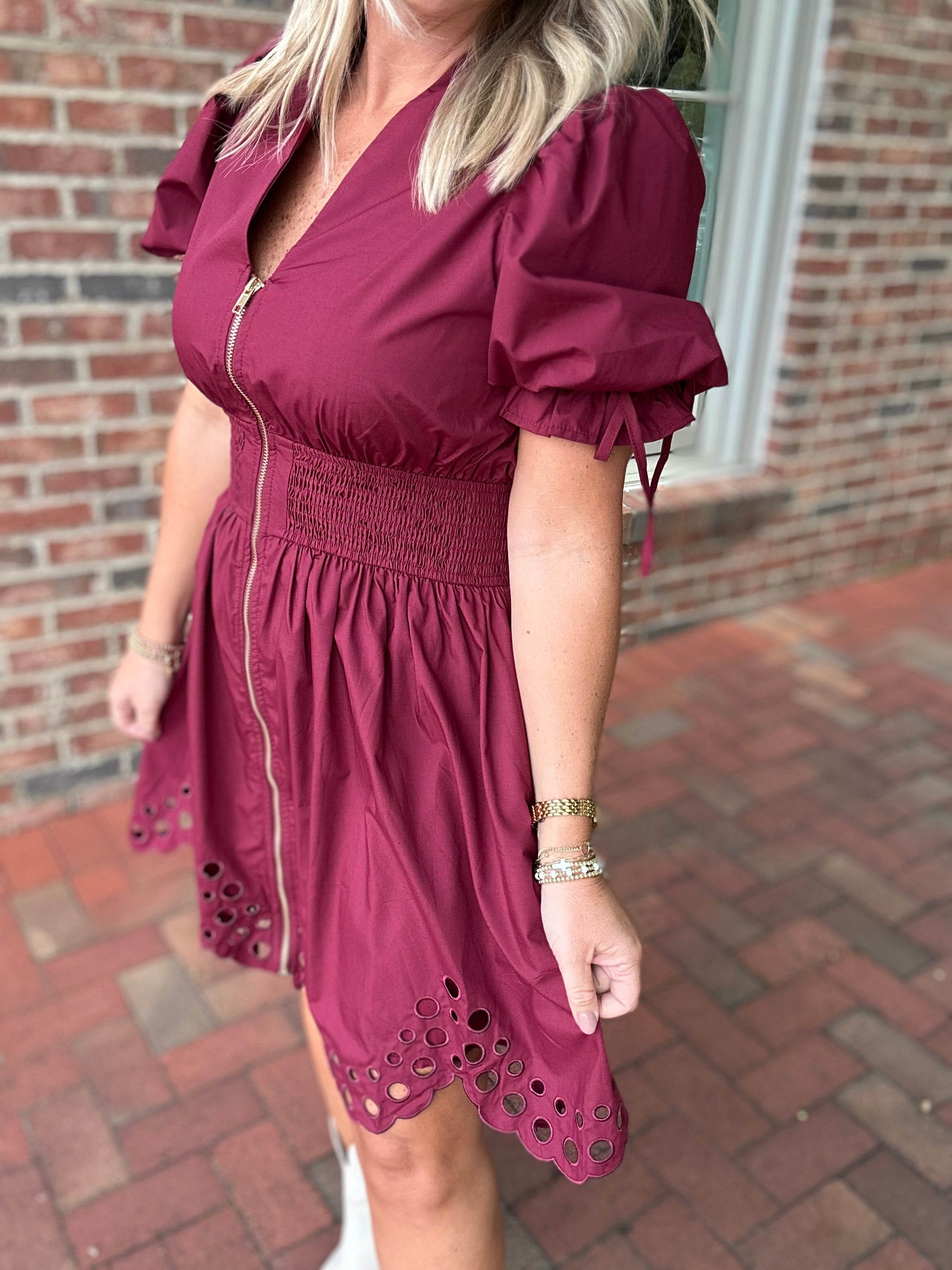 Casey Eyelet Pattern Bubble Sleeve With Tie Mini Dress