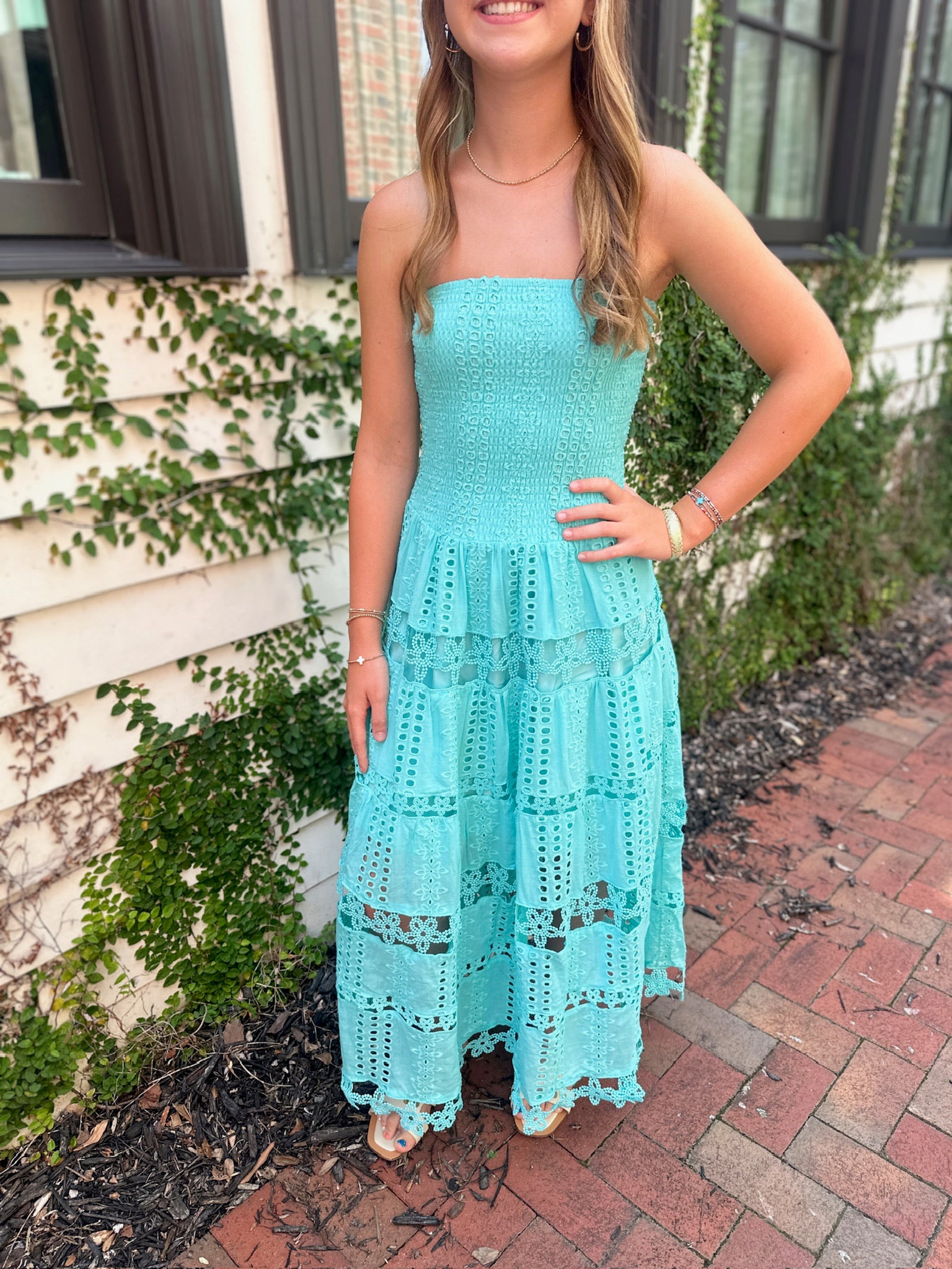 Going To Love Tiffany Blue Eyelet Lace Tube Top Midi Dress