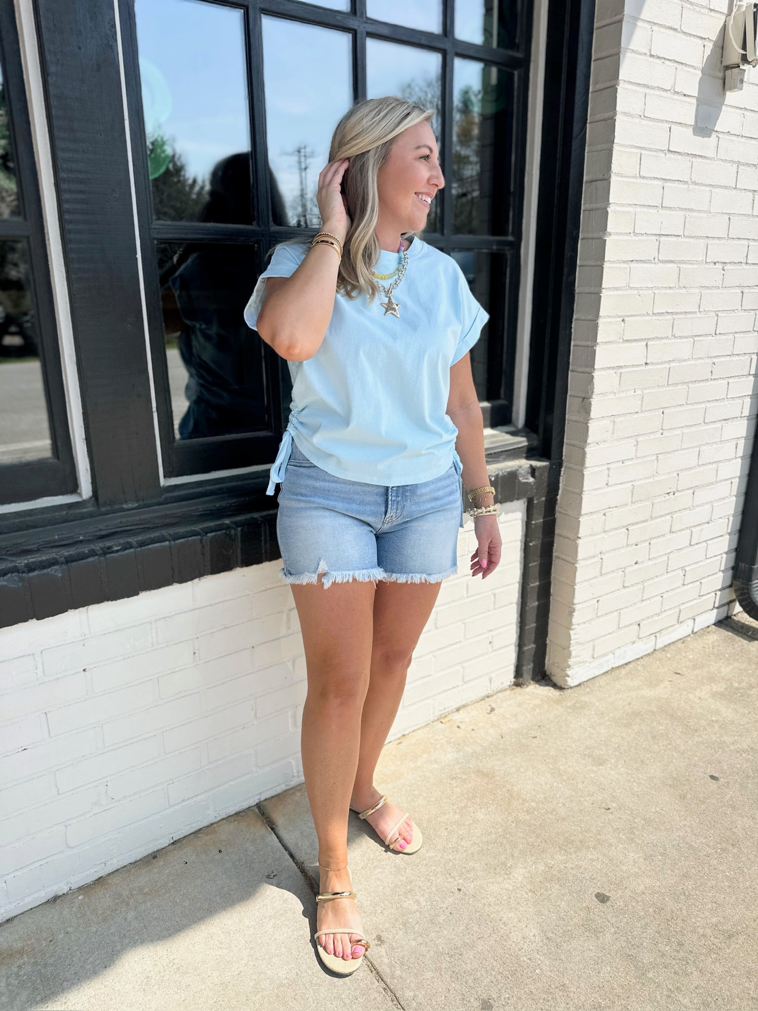 Keep Changing Top with Side Ruching in Sky Blue